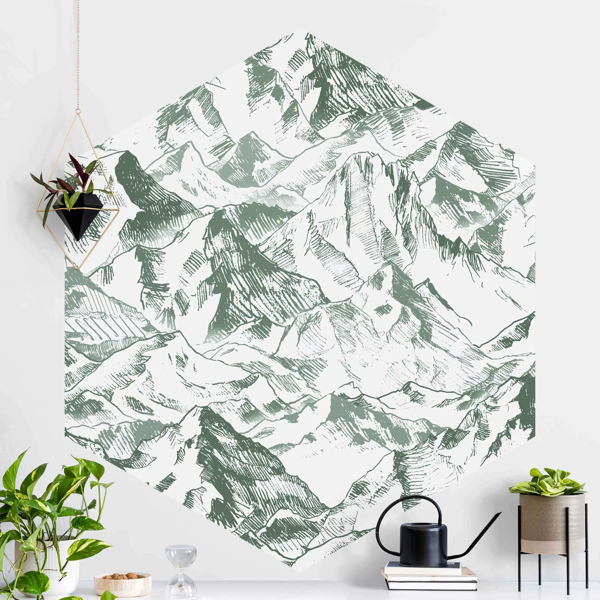 Hexagon Fototapete selbstklebend Illustration Berglandschaft Grün günstig online kaufen