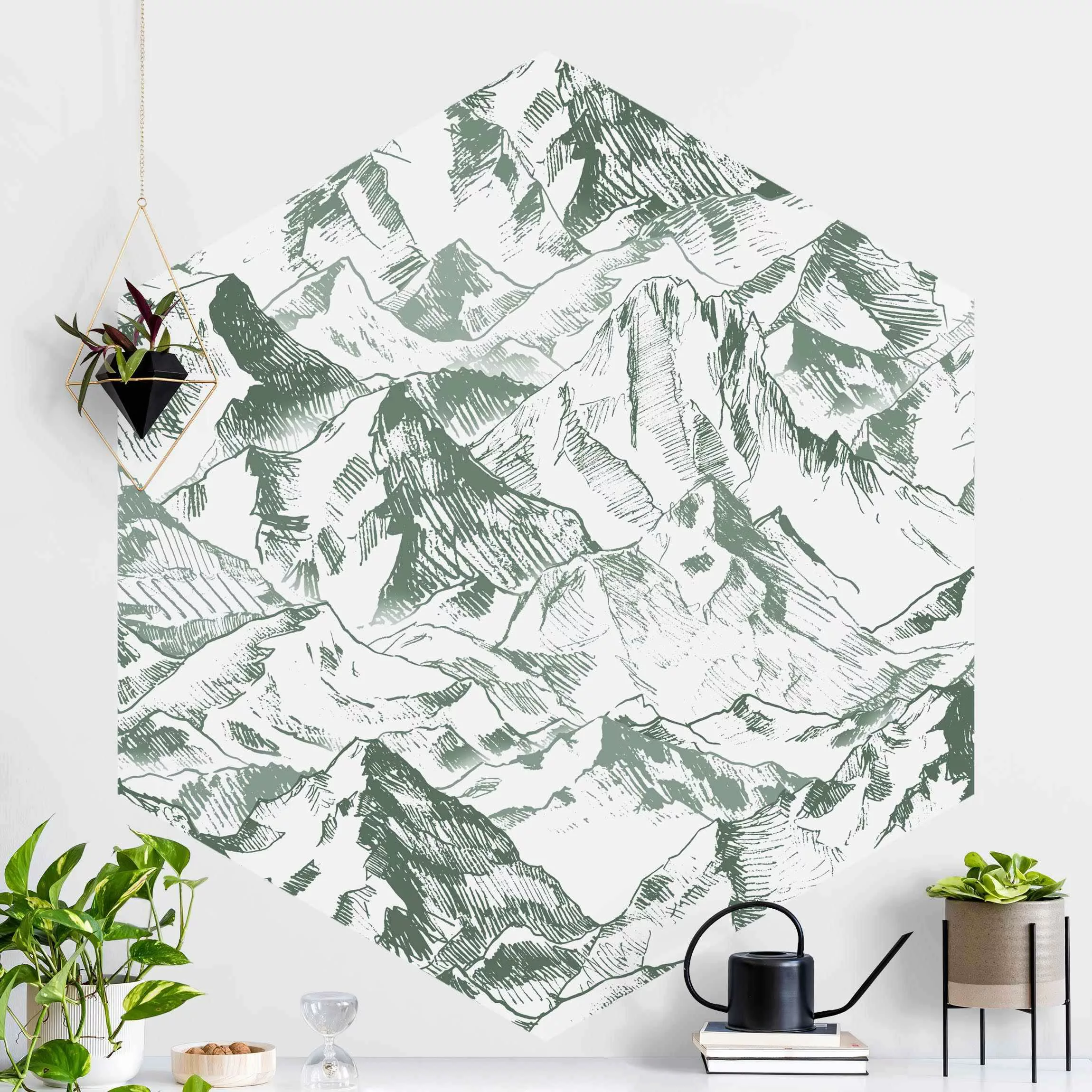 Hexagon Mustertapete selbstklebend Illustration Berglandschaft Grün günstig online kaufen