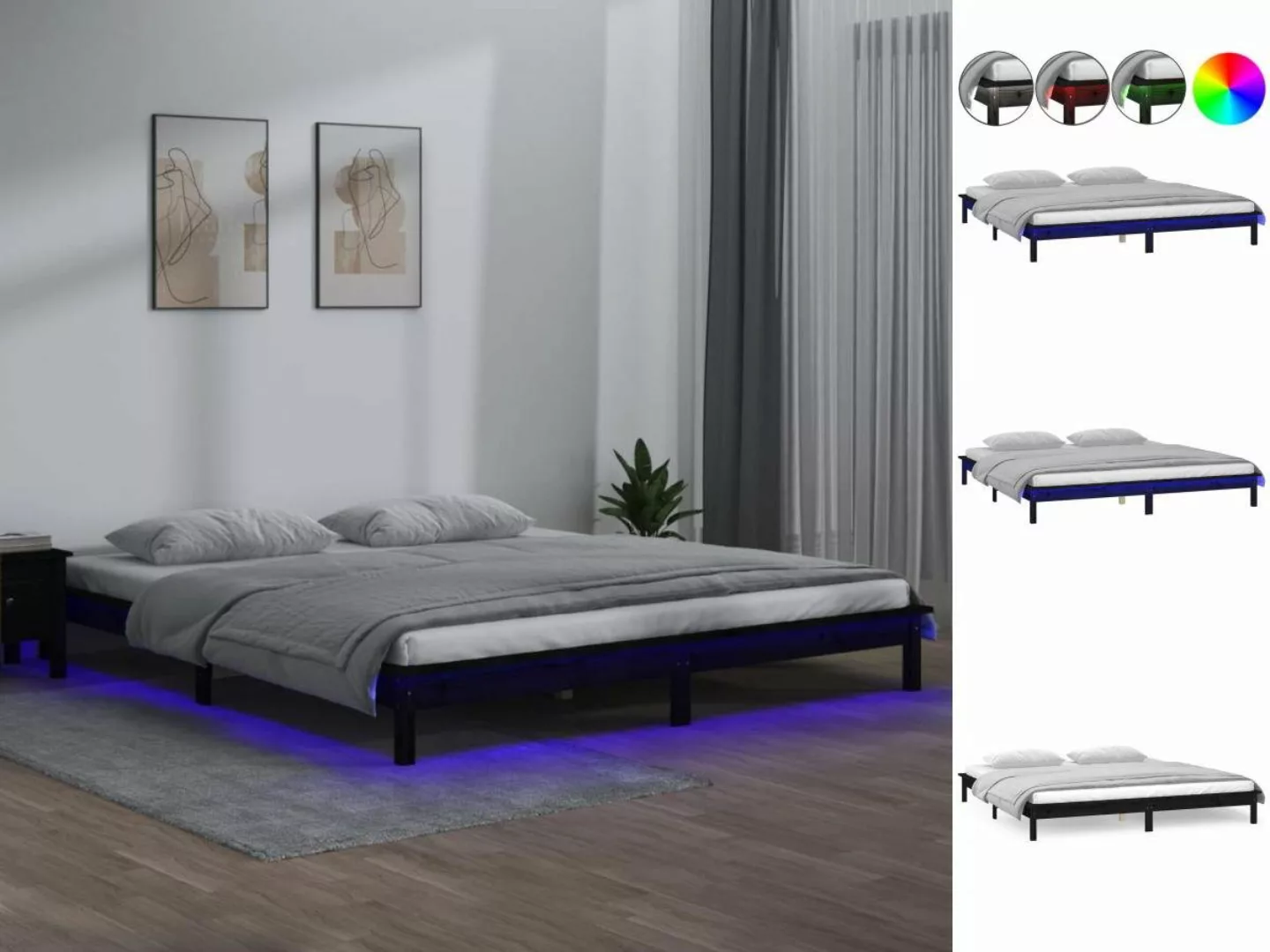 vidaXL Bettgestell Massivholzbett mit LEDs Schwarz 160x200 cm Bett Bettrahm günstig online kaufen