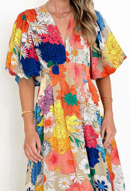 CHENIN Strandkleid A-Linien-Kleid mit Blumendruck und Puffärmeln Langes Kle günstig online kaufen