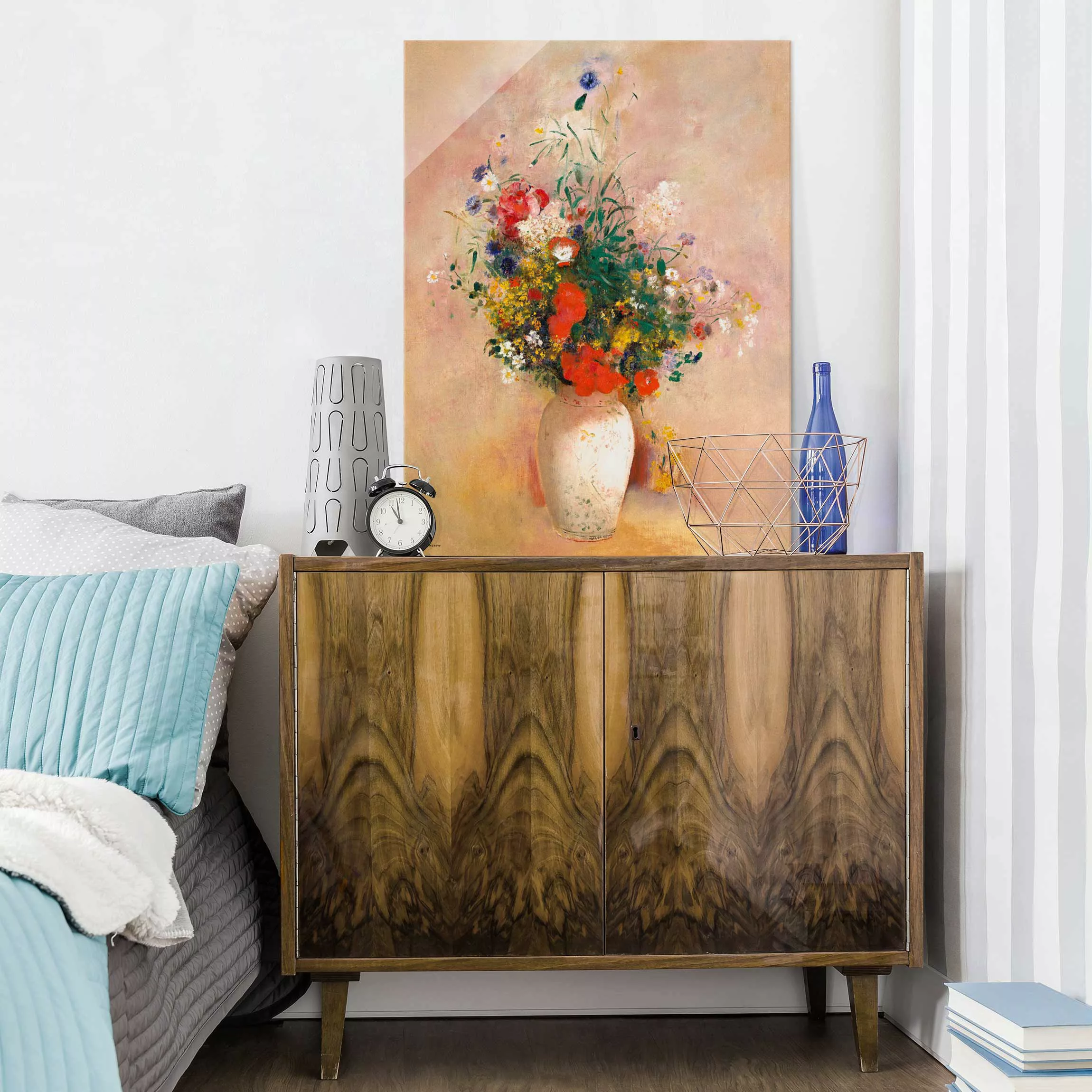 Glasbild - Hochformat Odilon Redon - Vase mit Blumen (rosenfarbener Hinterg günstig online kaufen