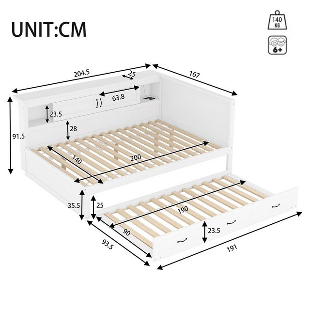 Flieks Daybett, LED Tagesbett Kinderbett 140x200cm Ausziehbett 90x190cm Lad günstig online kaufen