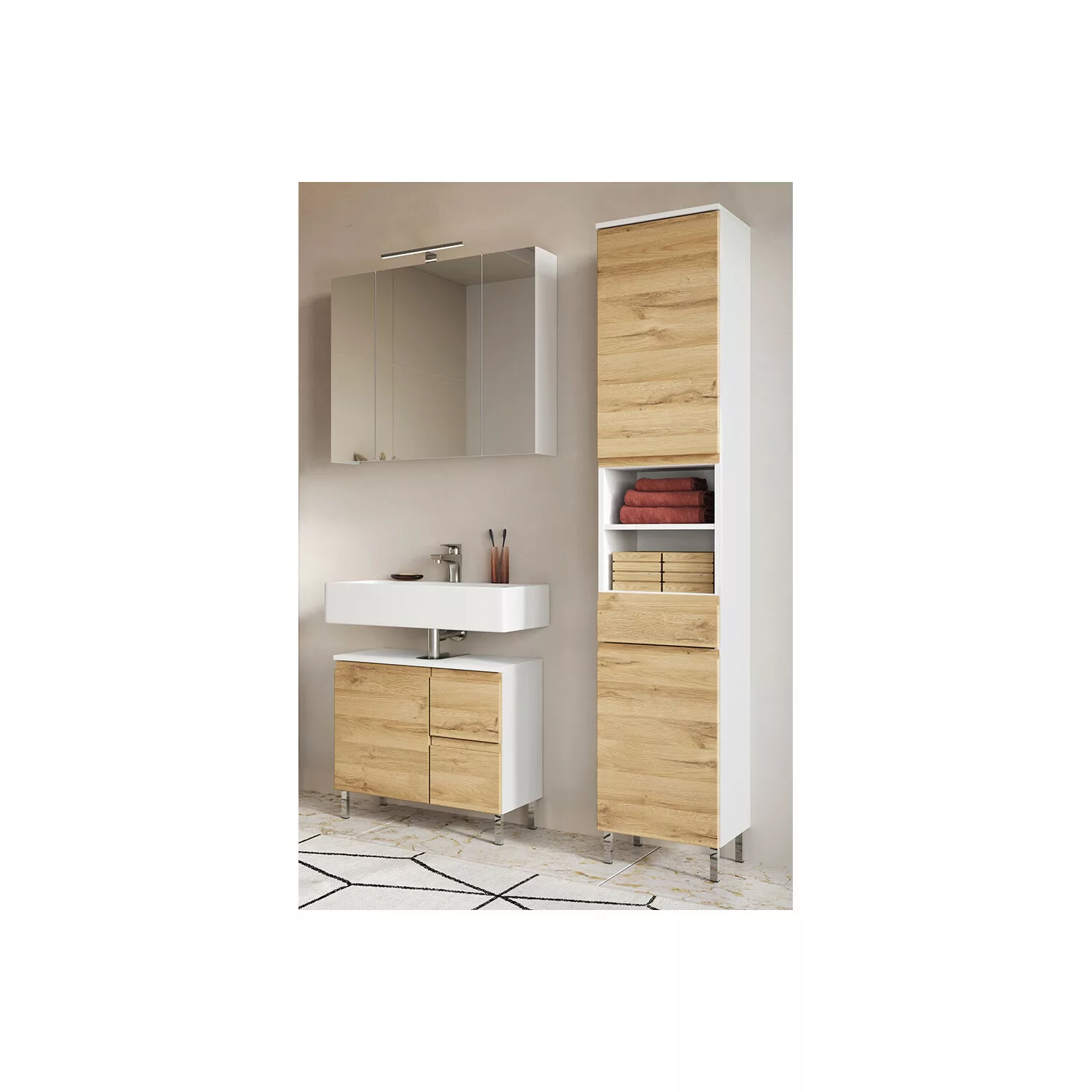 Badezimmer Set mit Spiegelschrank TROMVIK-01 in Grandson Eiche Nb. mit weiß günstig online kaufen
