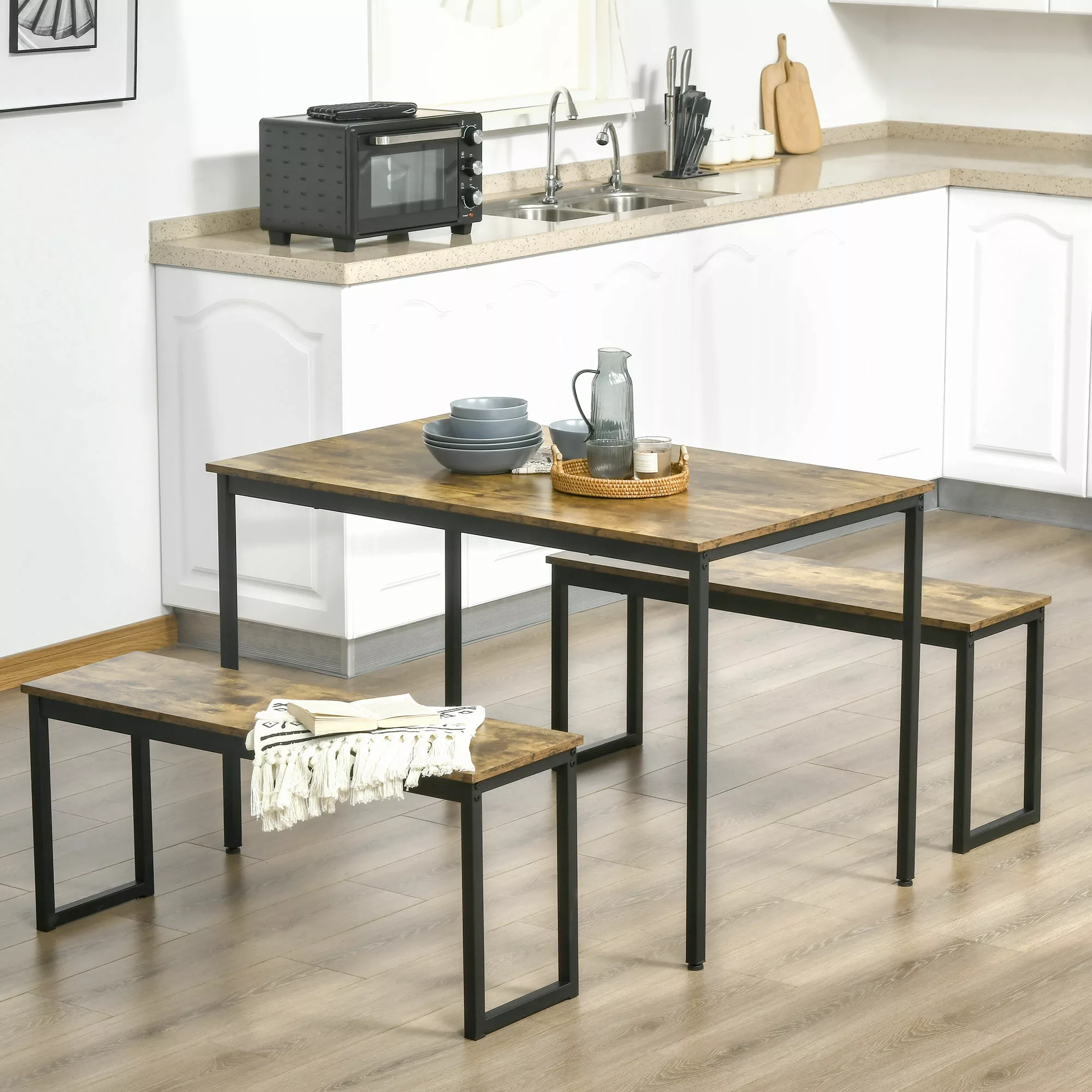 HOMCOM Küchentisch-Set  Industrielles Esstisch-Set mit 2 Bänken, Essgruppe günstig online kaufen