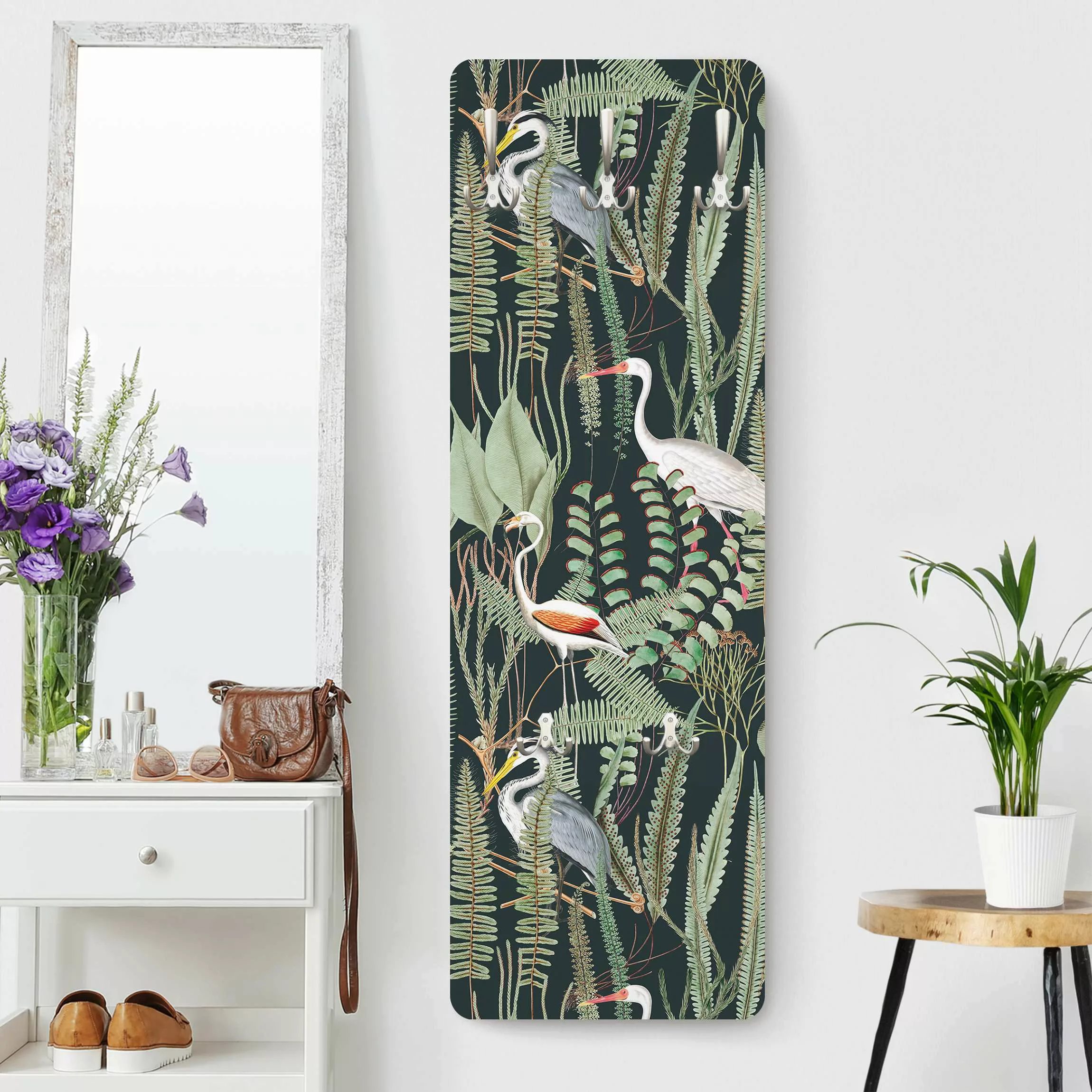 Wandgarderobe Flamingos und Störche mit Pflanzen auf Grün günstig online kaufen