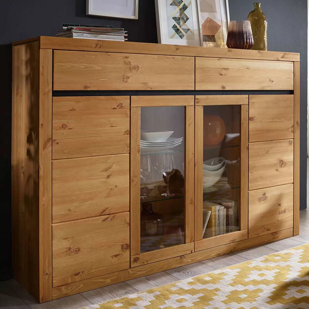 Wohnzimmer Highboard Vitrine in Eichefarben Kiefer Massivholz günstig online kaufen