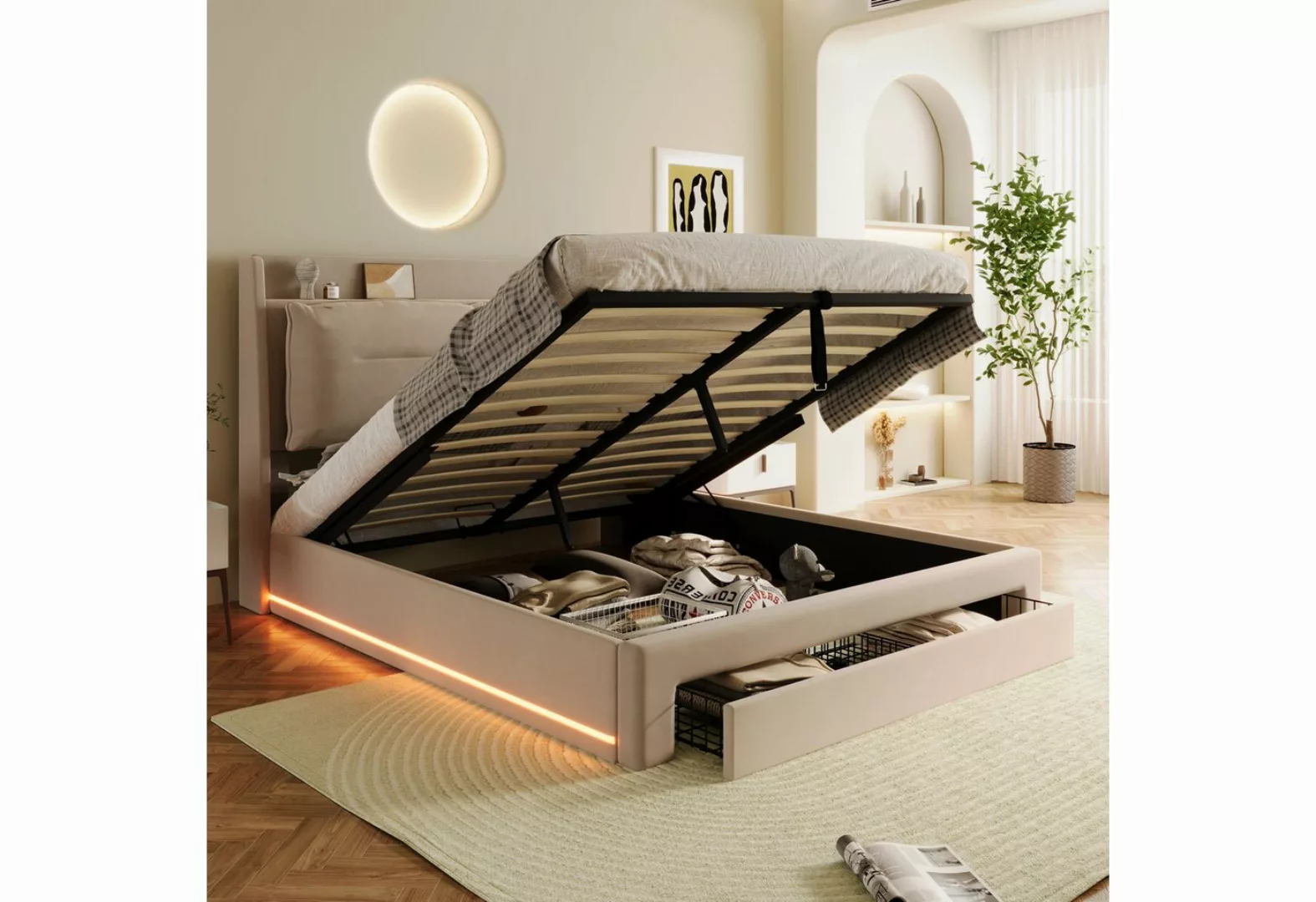 OKWISH Polsterbett Hydraulisches Bett (LED-Licht-Polsterbett, mit Lattenros günstig online kaufen