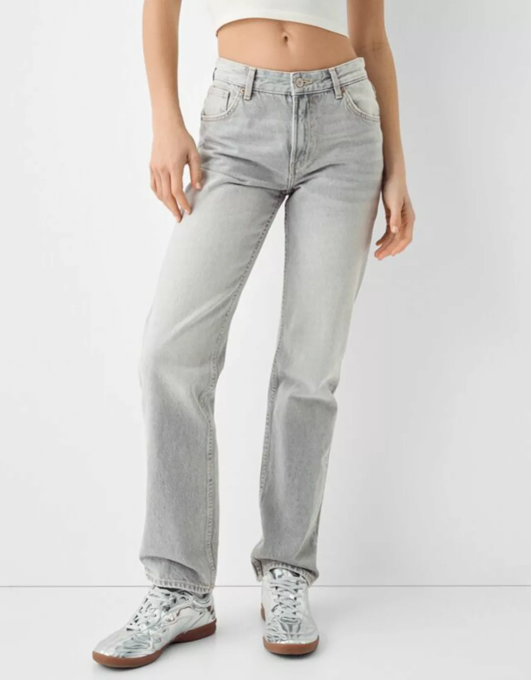 Bershka Straight Fit Jeans Damen 38 Grau günstig online kaufen