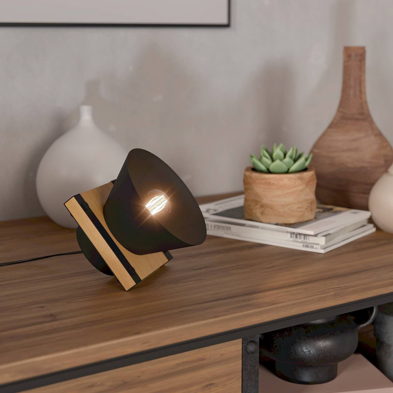 Tischleuchte Maccles in Schwarz mit Holz günstig online kaufen