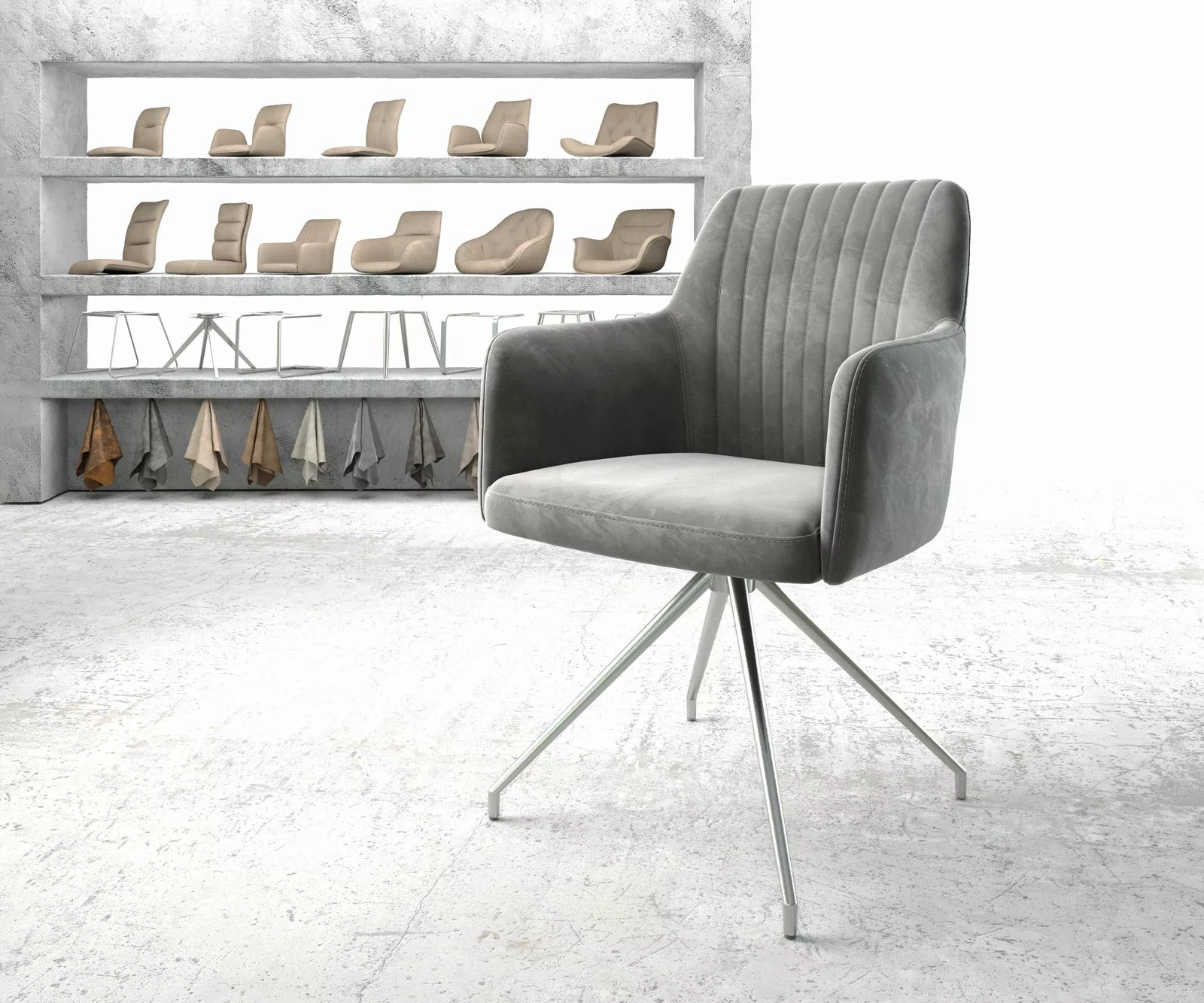 Drehstuhl Greg-Flex Samt Grau Kreuzgestell konisch Edelstahl 180° drehbar günstig online kaufen