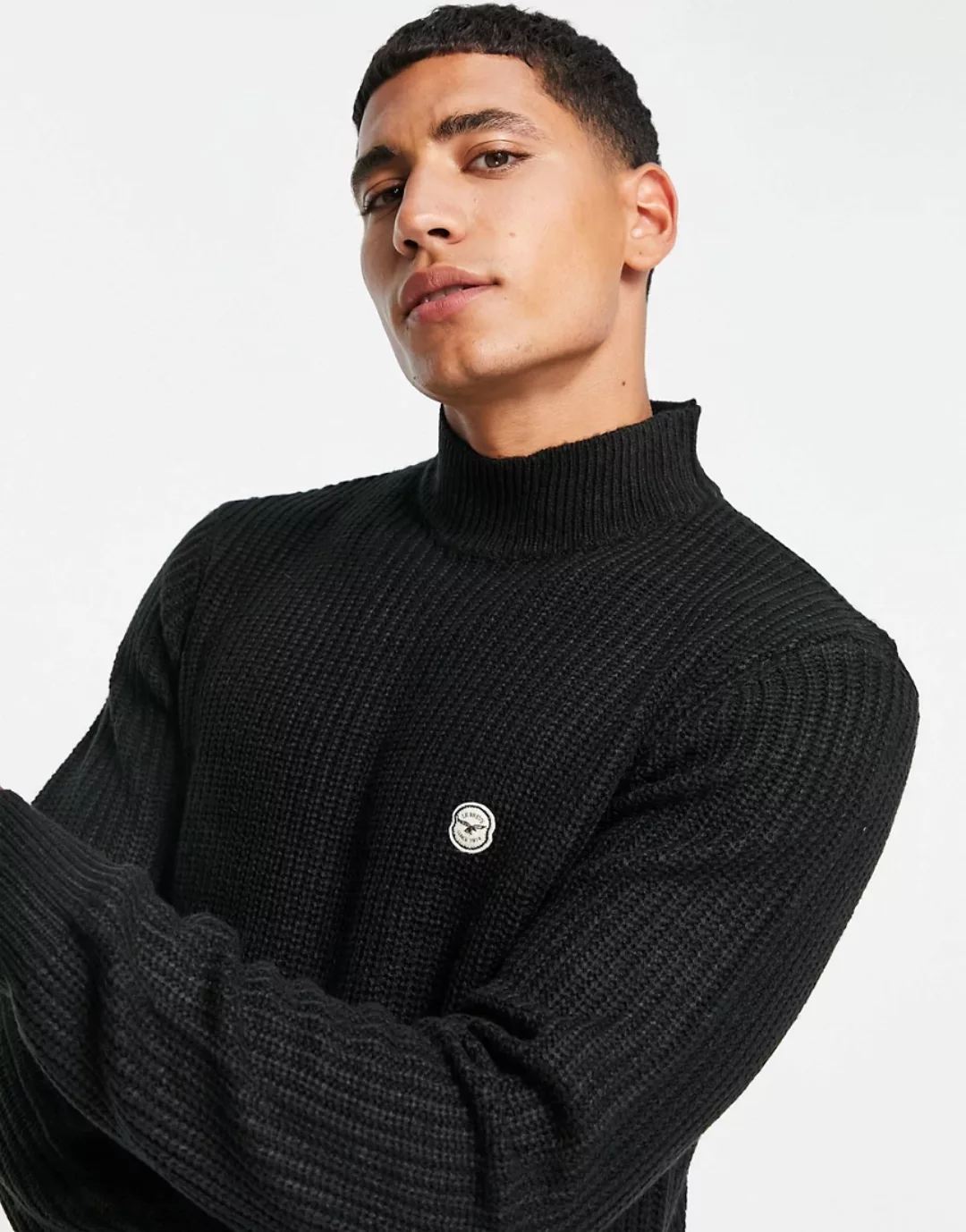 Le Breve – Gerippter Pullover mit Rollkragen in Schwarz günstig online kaufen