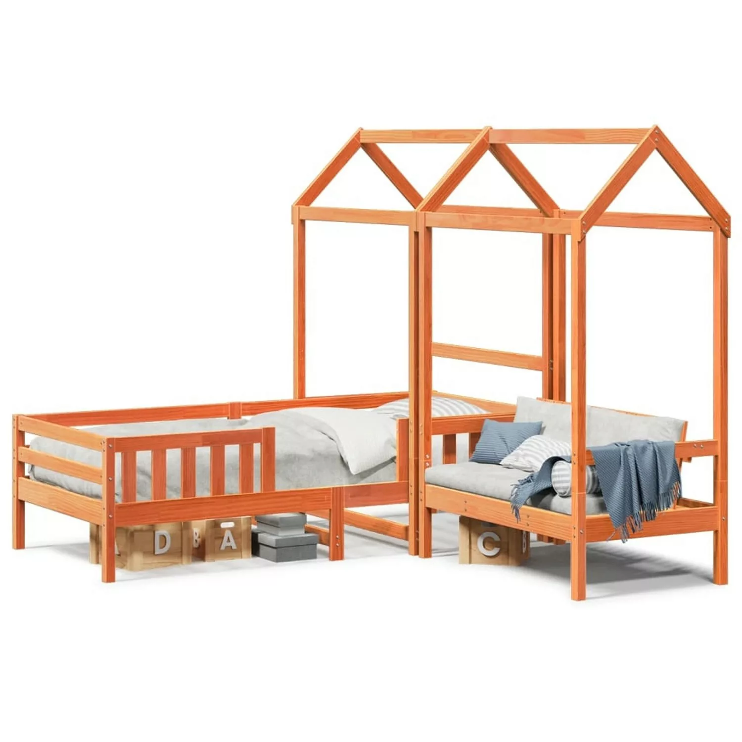 vidaXL Bett, Massivholzbett und Bank mit Dach Orange 90x200 cm Kiefernholz günstig online kaufen