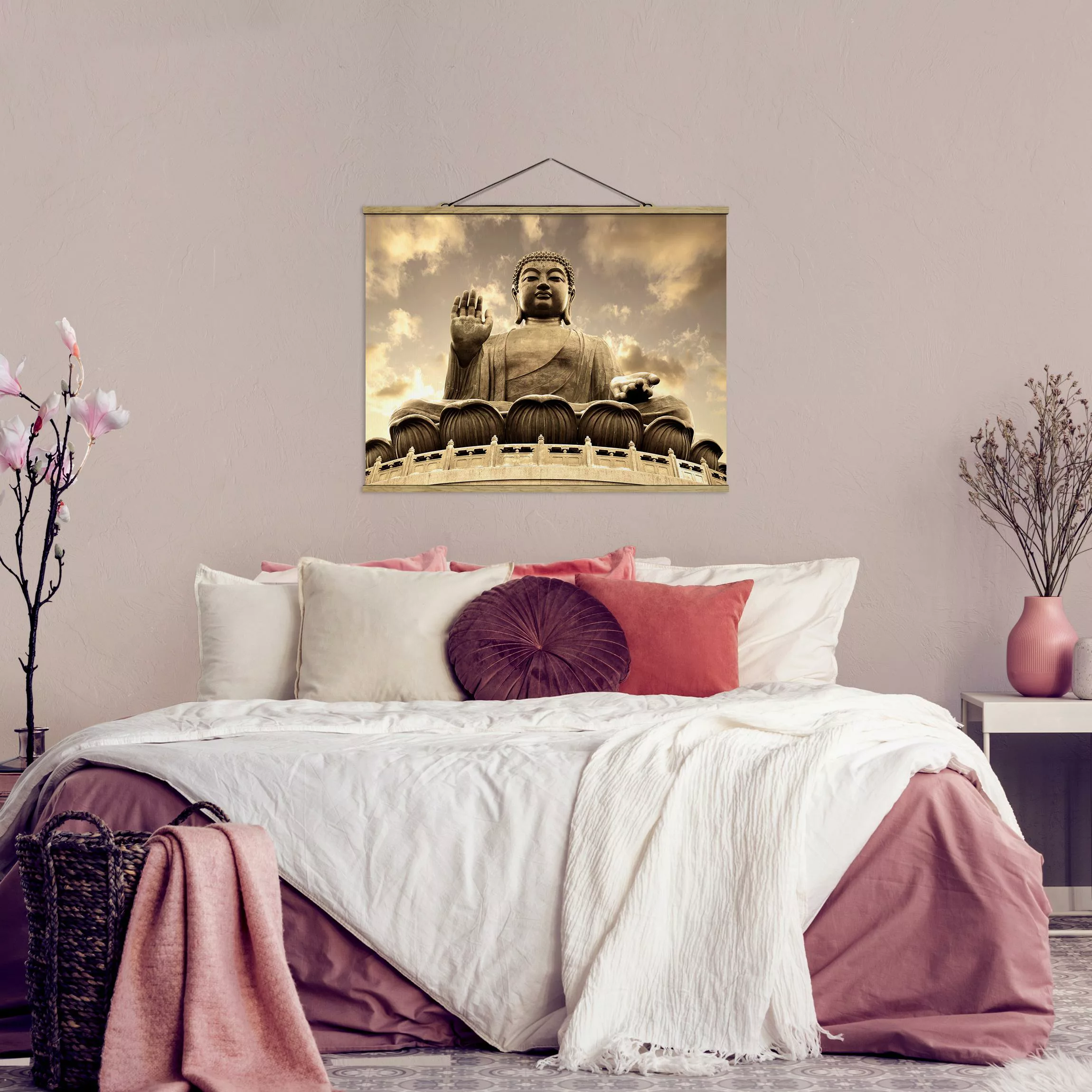 Stoffbild Buddha mit Posterleisten - Querformat Großer Buddha Sepia günstig online kaufen