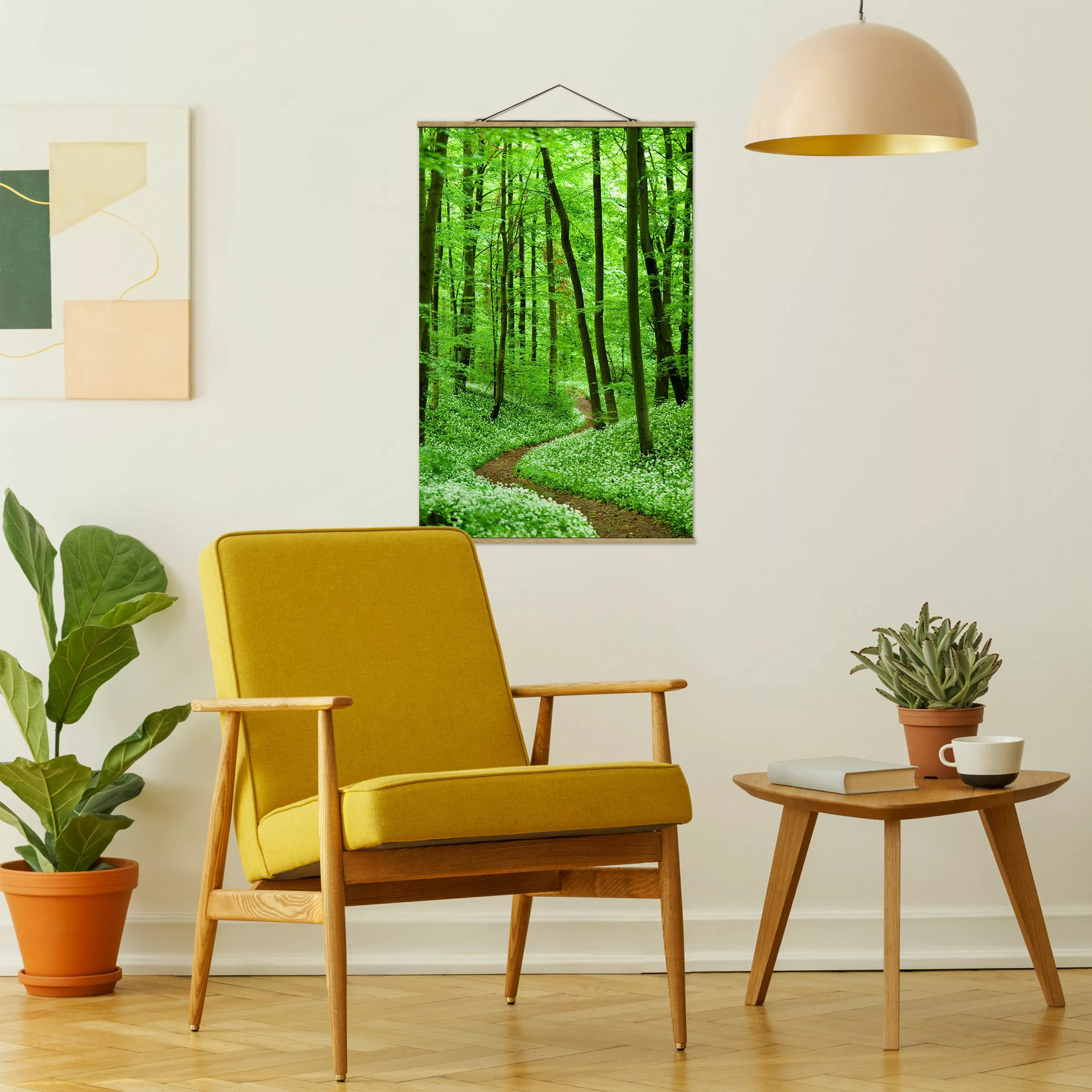 Stoffbild Wald mit Posterleisten - Hochformat Romantischer Waldweg günstig online kaufen