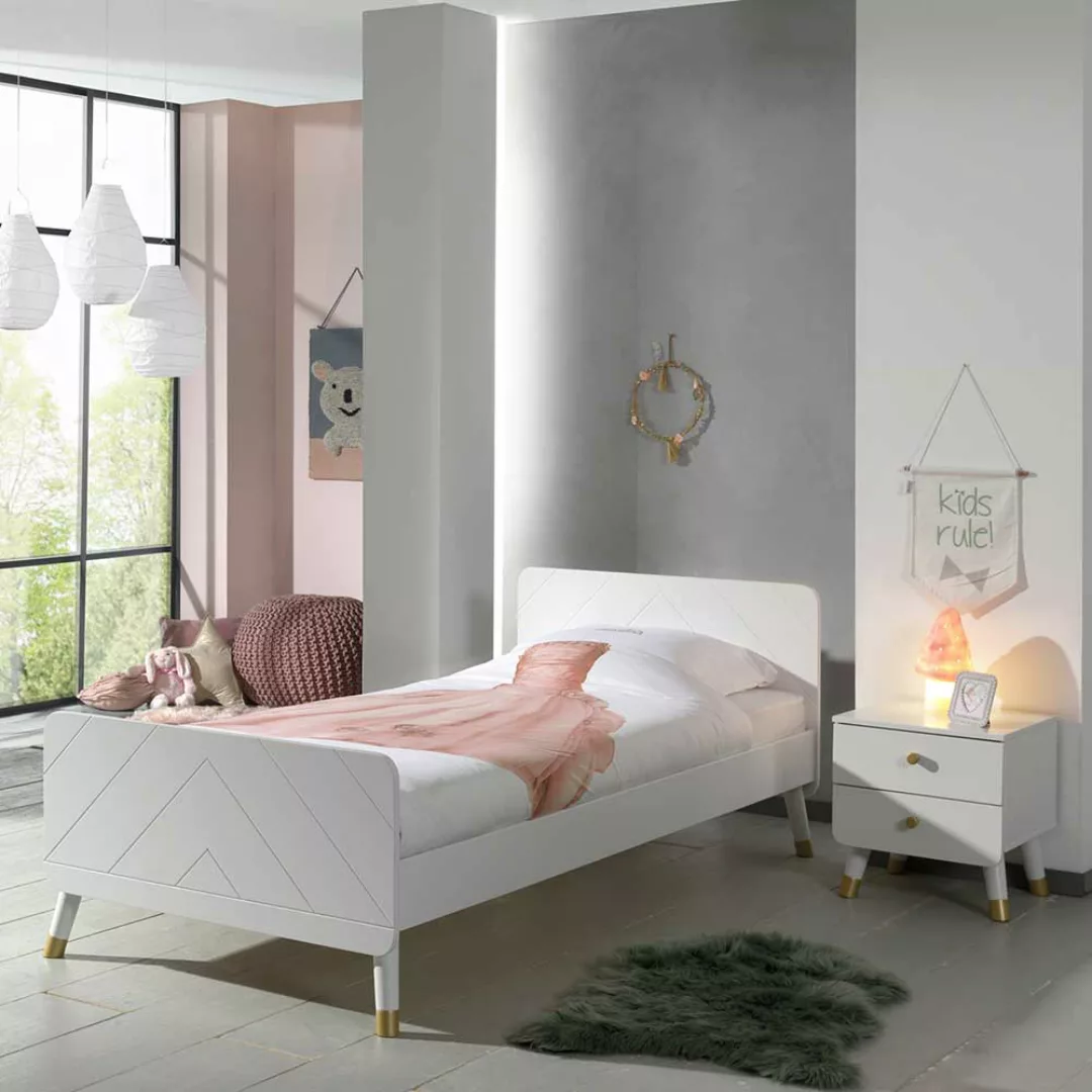 Kinder Jugendbett in Weiß und Goldfarben Nachtkonsole (zweiteilig) günstig online kaufen