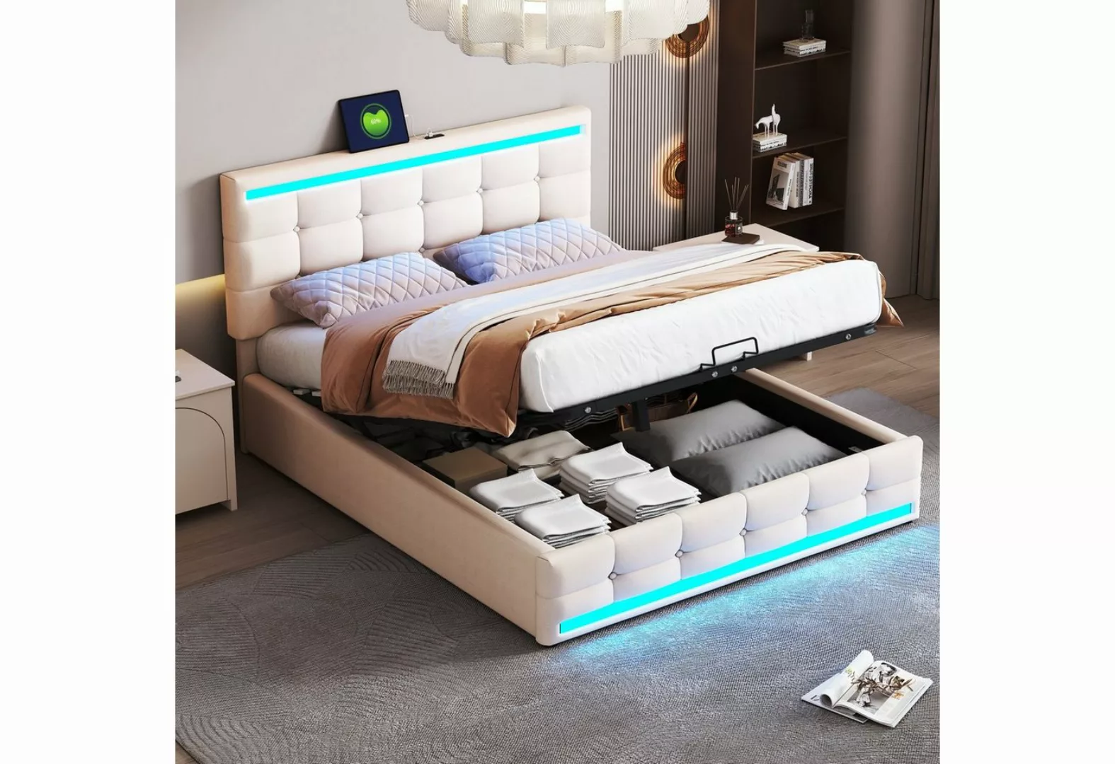 OKWISH Polsterbett Doppelbett (großer Stauraum aus Leinenstoff Gepolstertes günstig online kaufen