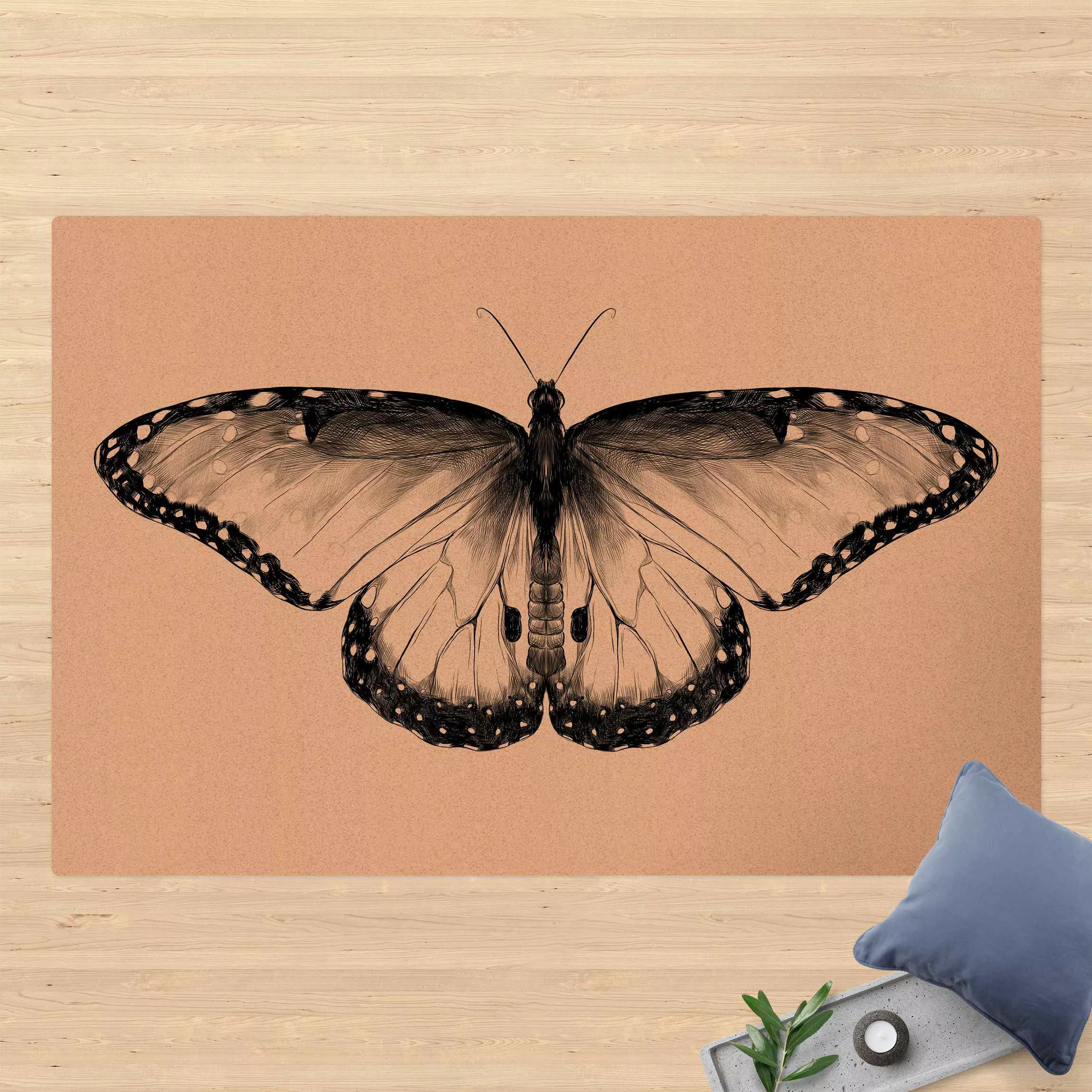 Kork-Teppich Illustration fliegender Blauer Morpho Schwarz günstig online kaufen