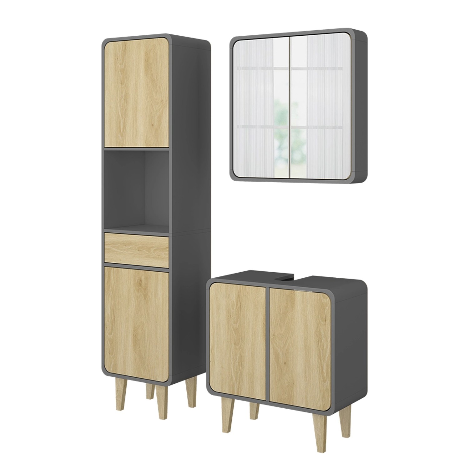 Vicco Badmöbel-Set Arla Anthrazit/Eiche 3 Teile mit Hochschrank günstig online kaufen