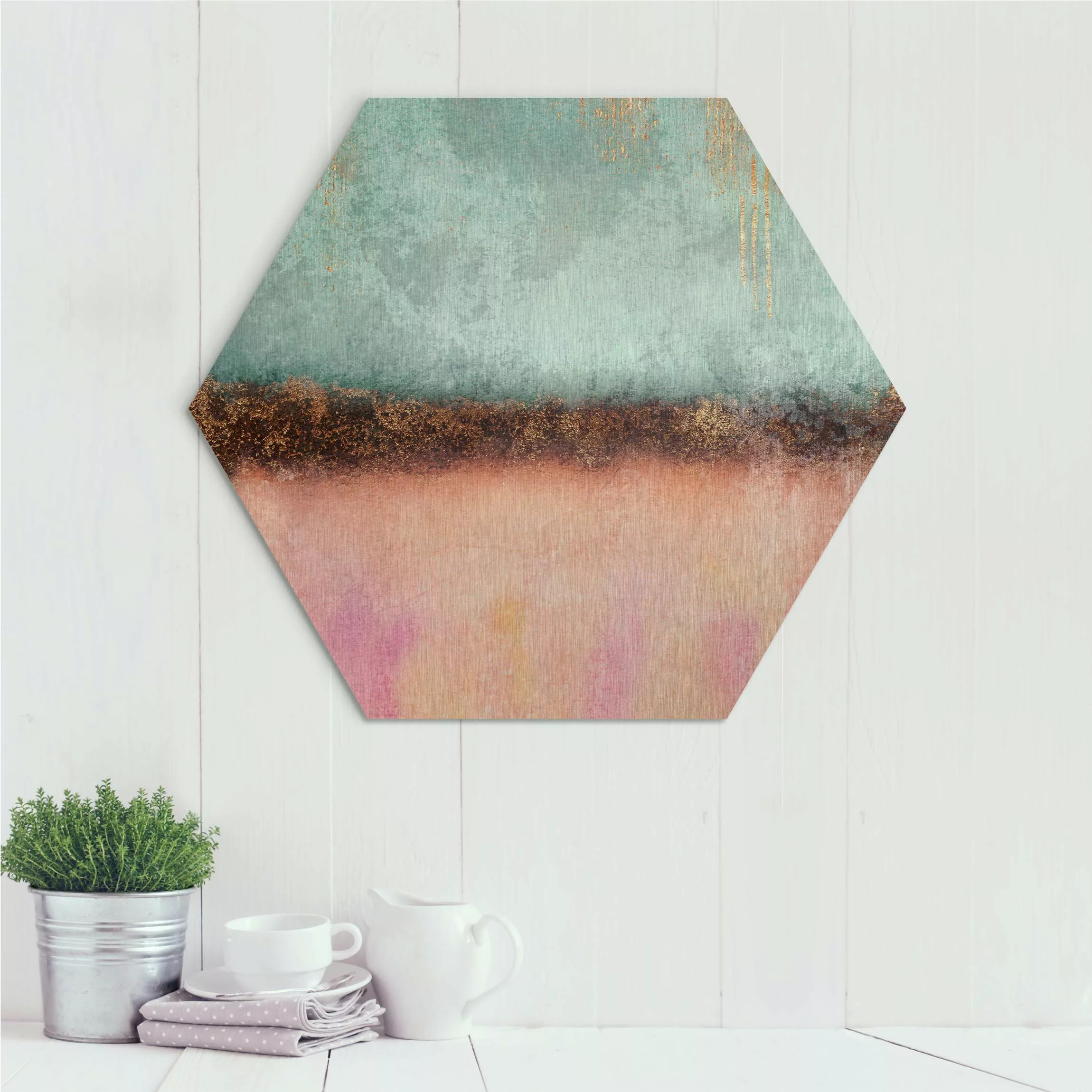 Hexagon-Alu-Dibond Bild Pastell Sommer mit Gold günstig online kaufen