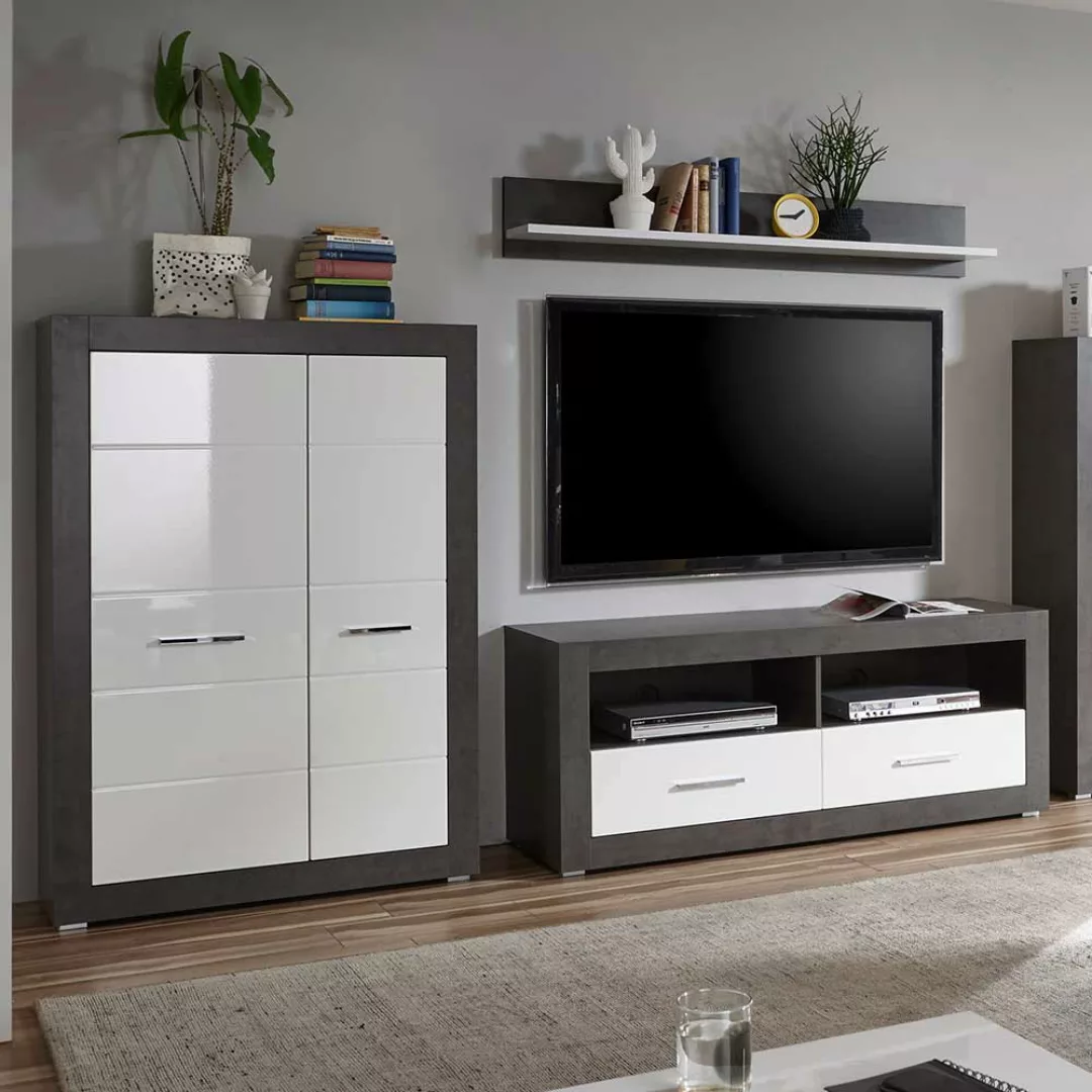 TV Wohnwand in Beton Grau und Weiß Hochglanz 250 cm breit (dreiteilig) günstig online kaufen