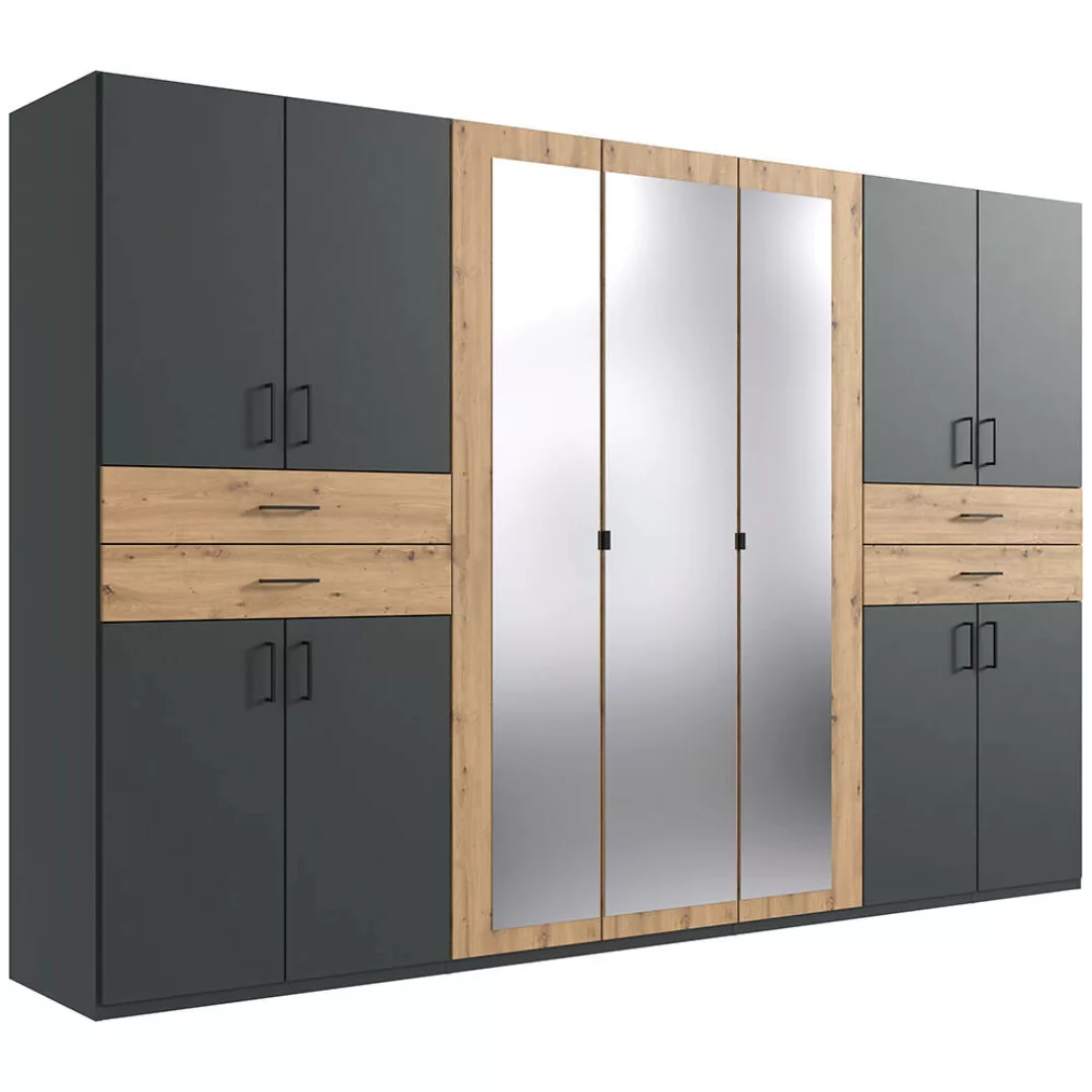 Kleiderschrank mit Spiegel, 313 cm breit modern in graphit mit Eiche TREVIS günstig online kaufen