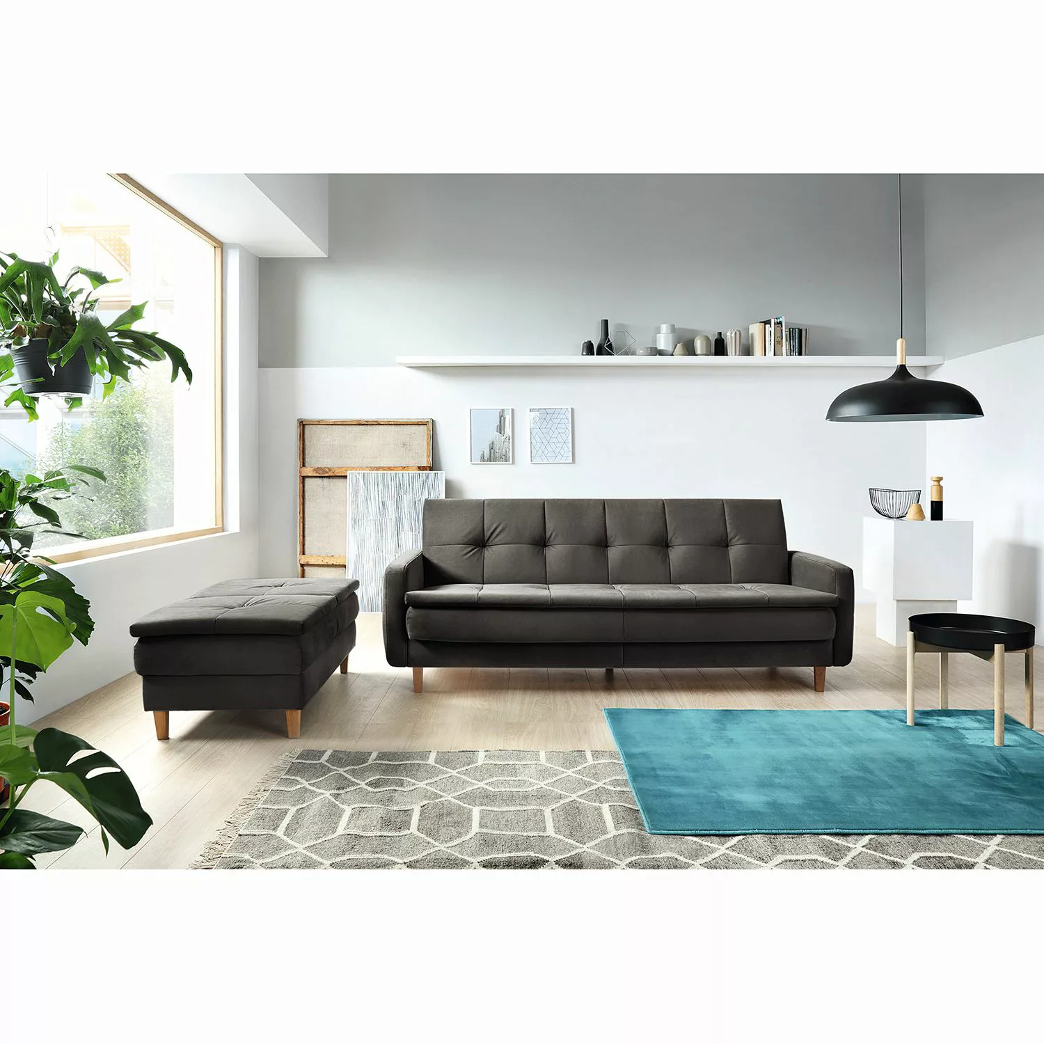 home24 loftscape Schlafsofa Pabna Dunkelgrau Samt 218x84x115 cm mit Hocker günstig online kaufen