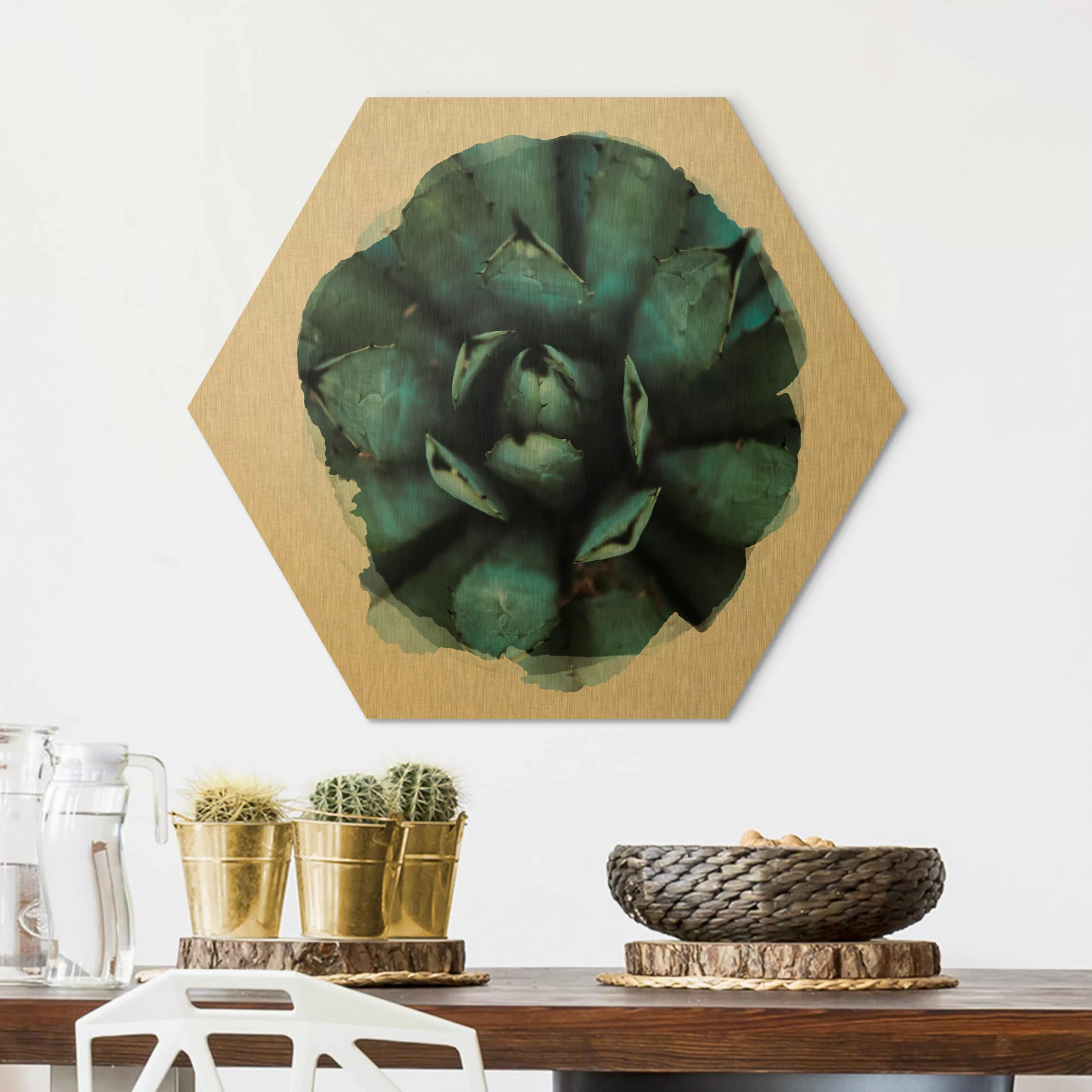 Hexagon-Alu-Dibond Bild Blumen Wasserfarben - Blaue Agave günstig online kaufen