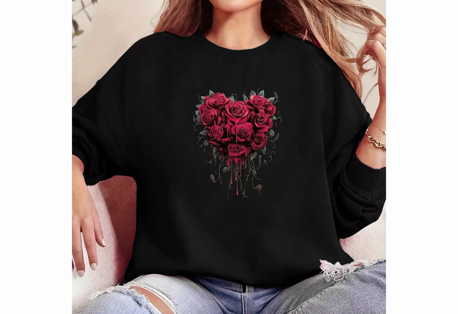 PYL Sweatshirt Damen Casual Wintermode Sweatshirt Fleecepullover mit Rose D günstig online kaufen