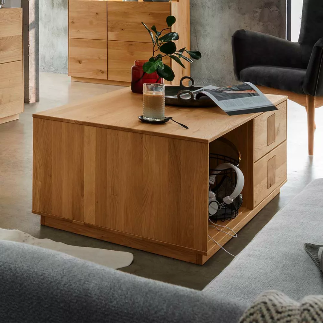 Holztischmassiv Wohnzimmer in Wildeichefarben zwei Schubladen günstig online kaufen