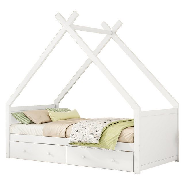 Flieks Massivholzbett, Kinderbett Hausbett Einzelbett 90x200cm mit 2 Schubl günstig online kaufen