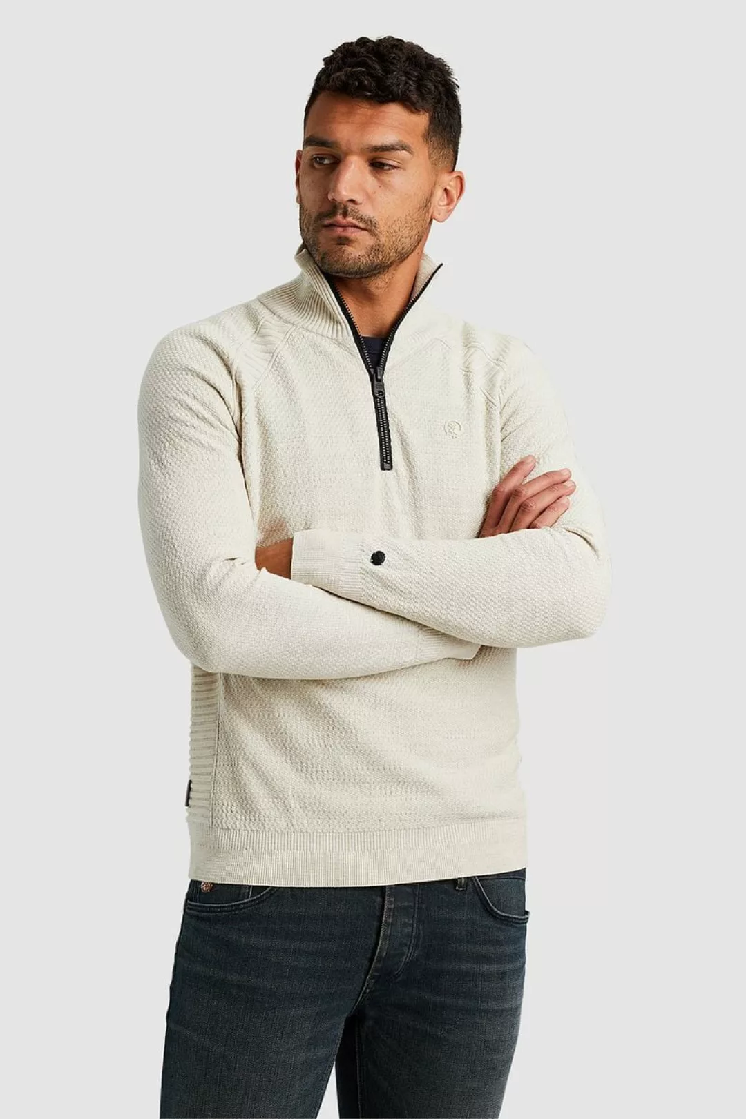 Cast Iron Knitted Half Zip Pullover Ecru - Größe L günstig online kaufen