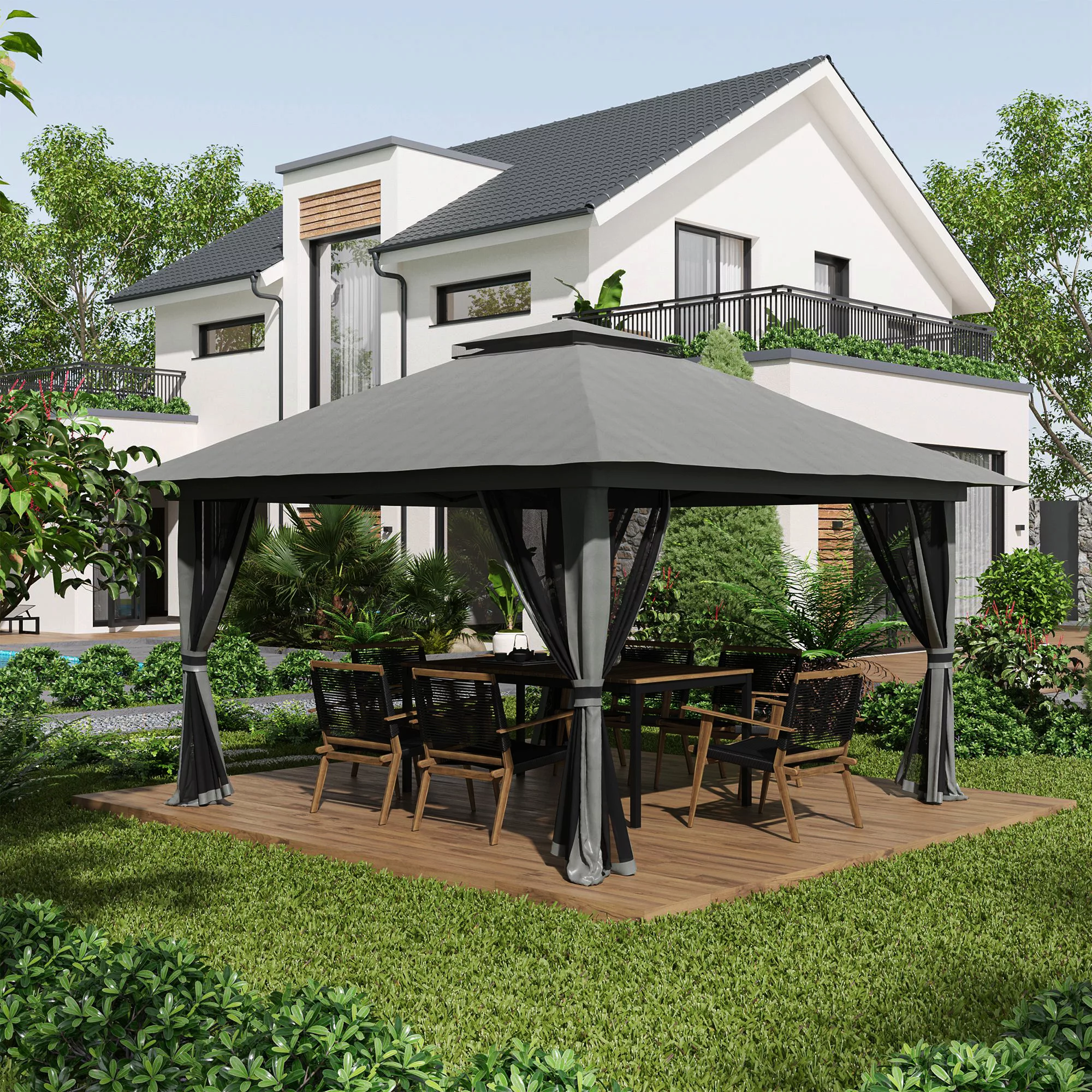 Outsunny Faltpavillon 4x4m  Pop-Up Gartenpavillon mit UV-Schutz & Netzwände günstig online kaufen