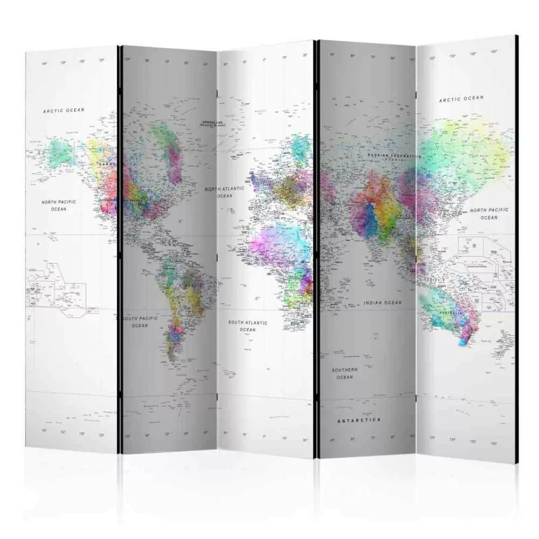 5 teiliger Paravent mit hell bunter Weltkarte 225 cm breit günstig online kaufen
