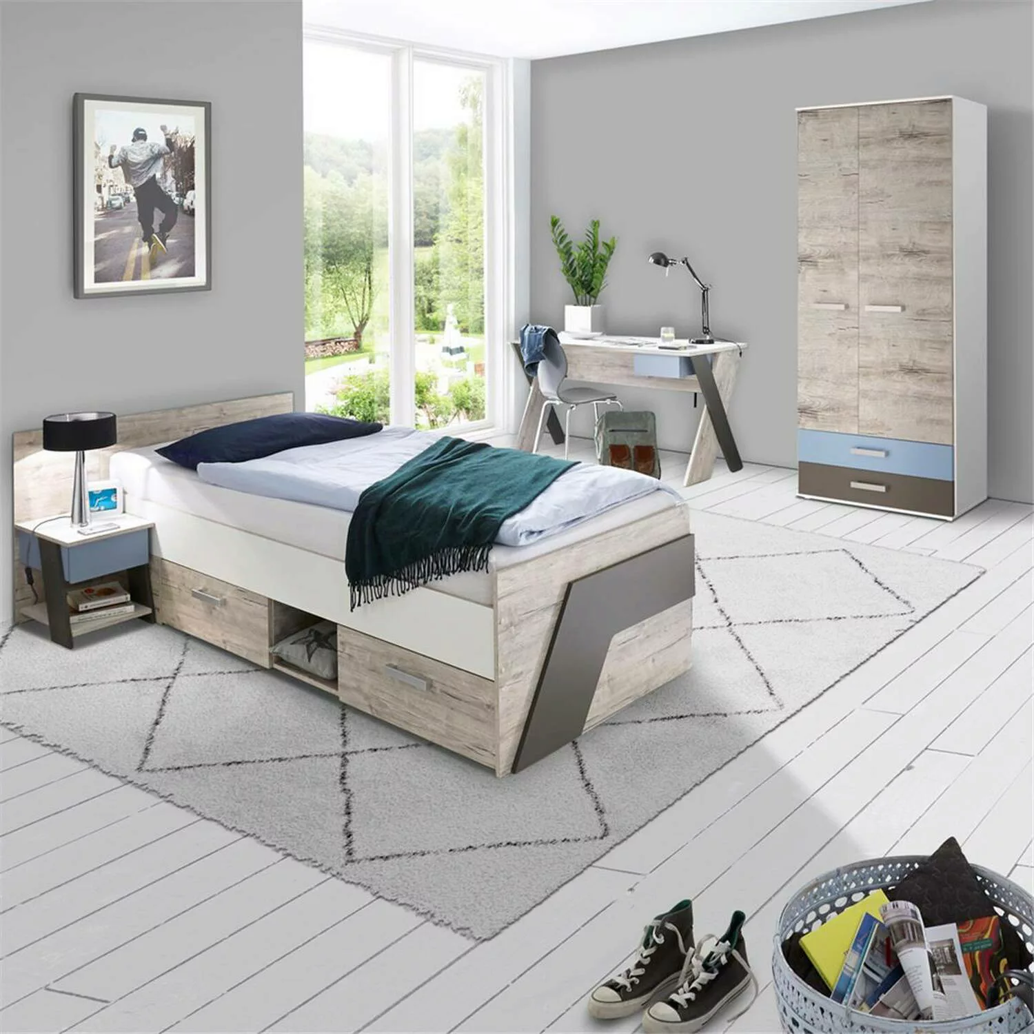 Lomadox Jugendzimmer Set mit Bett 90x200 cm 4-teilig mit Kleiderschrank LEE günstig online kaufen