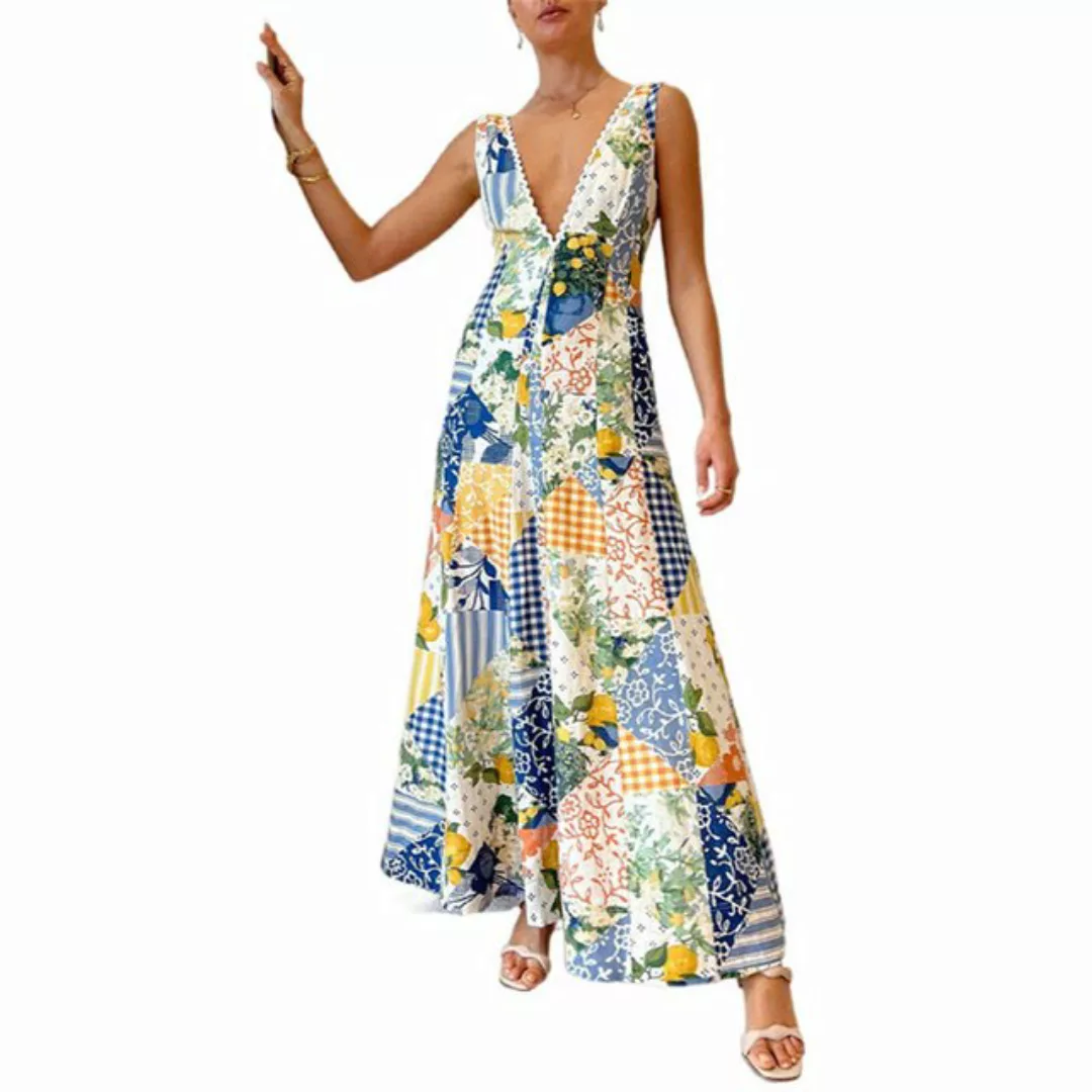 RUZU UG Dirndl Bedrucktes Damenkleid, ärmellos, großer V-Ausschnitt, großer günstig online kaufen