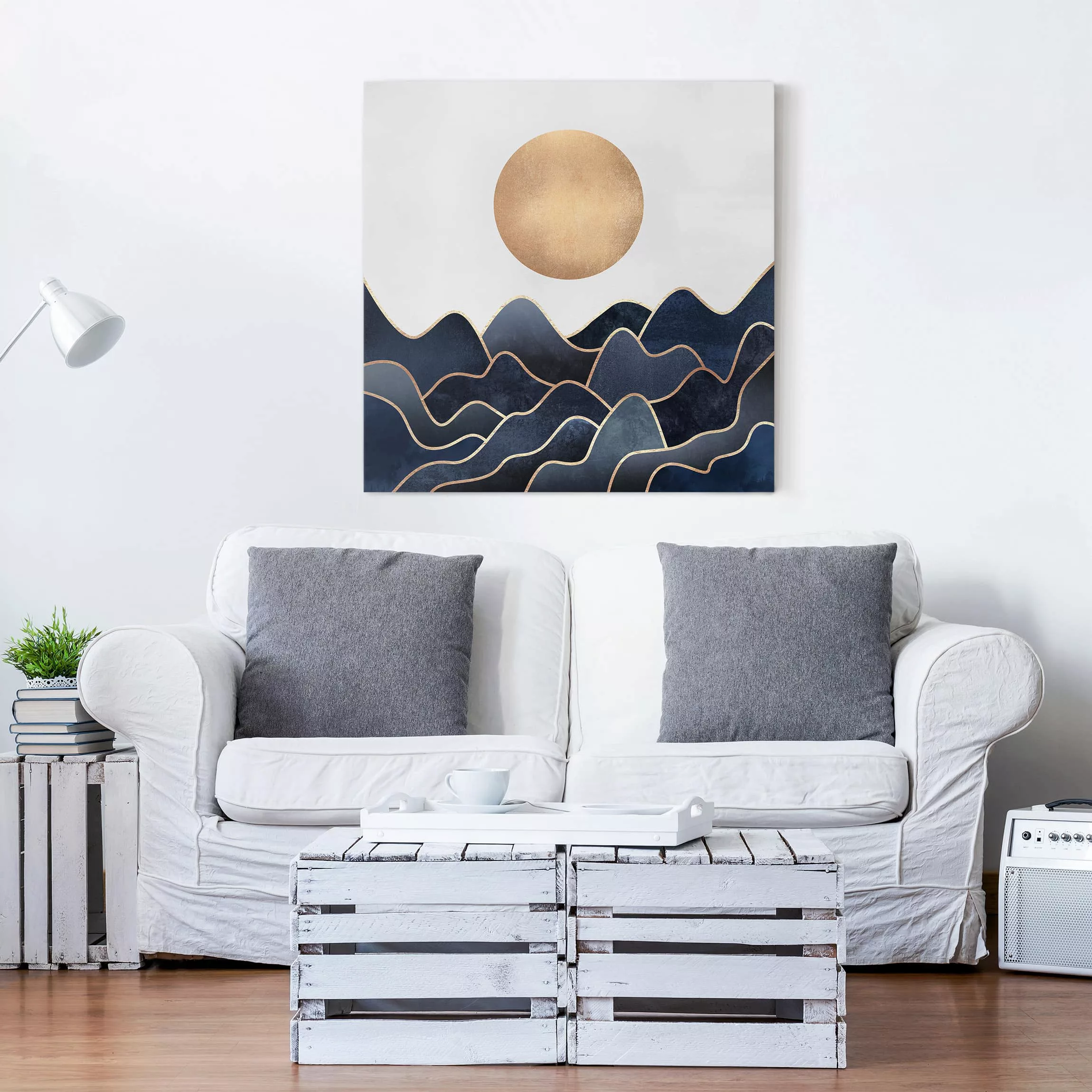 Leinwandbild Abstrakt - Quadrat Goldene Sonne blaue Wellen günstig online kaufen