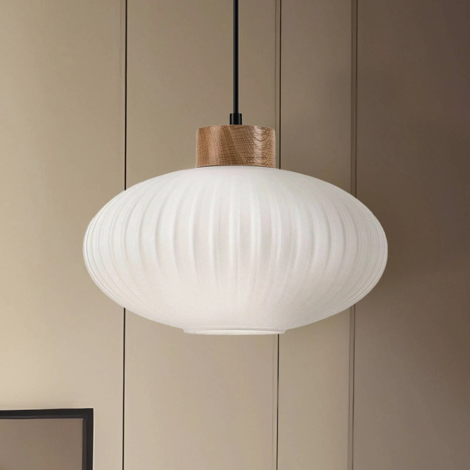 Hängeleuchte Harmony, Ø 25 cm, weiß/eiche, Glas/Holz günstig online kaufen