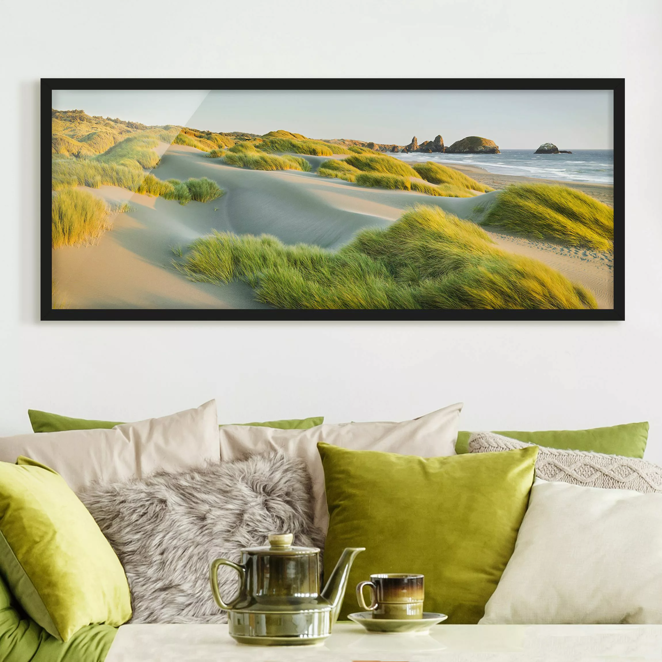 Bild mit Rahmen Strand - Panorama Dünen und Gräser am Meer günstig online kaufen