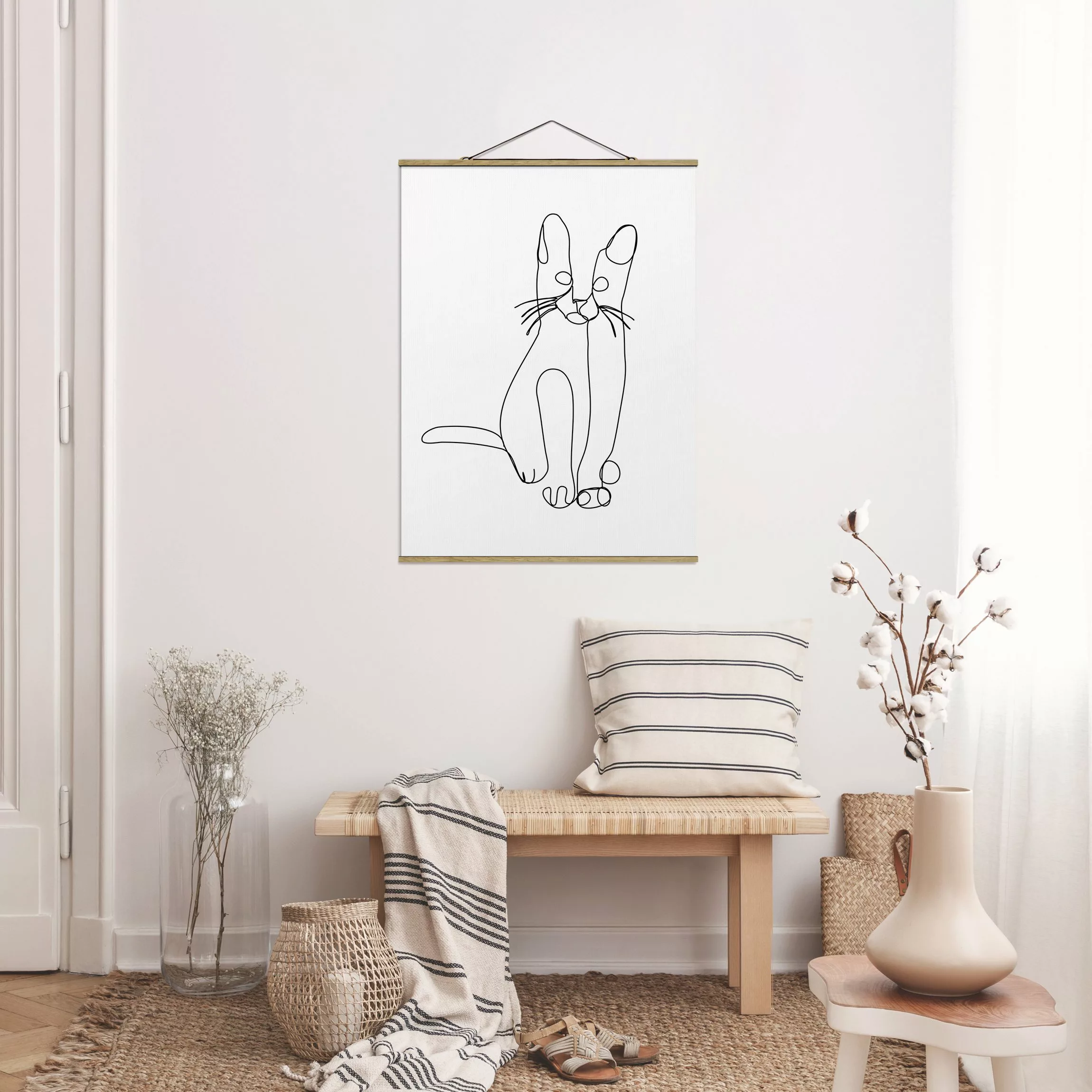 Stoffbild Tiere mit Posterleisten - Hochformat Katze Line Art günstig online kaufen