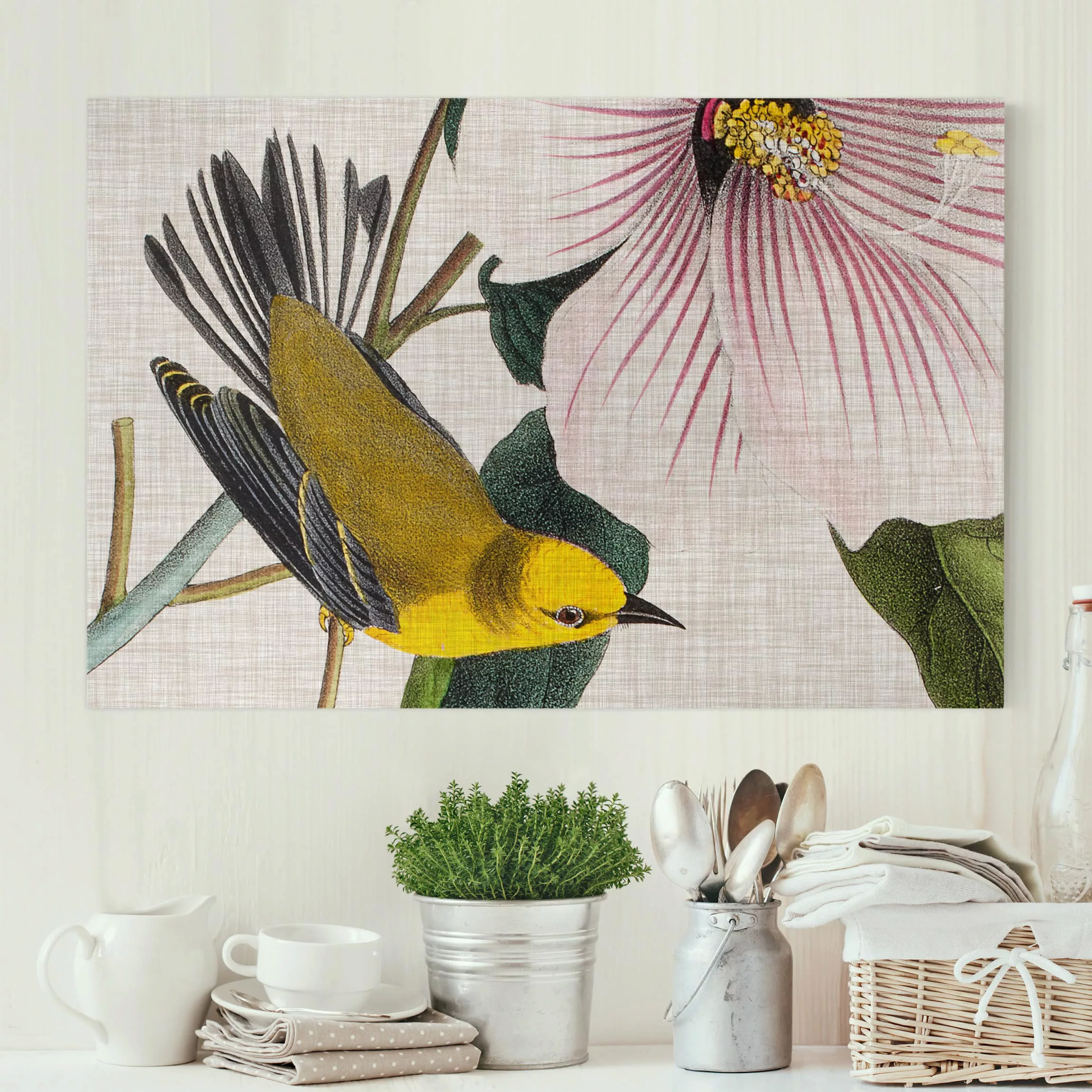 Leinwandbild Blumen - Querformat Vogel auf Leinen Gelb I günstig online kaufen