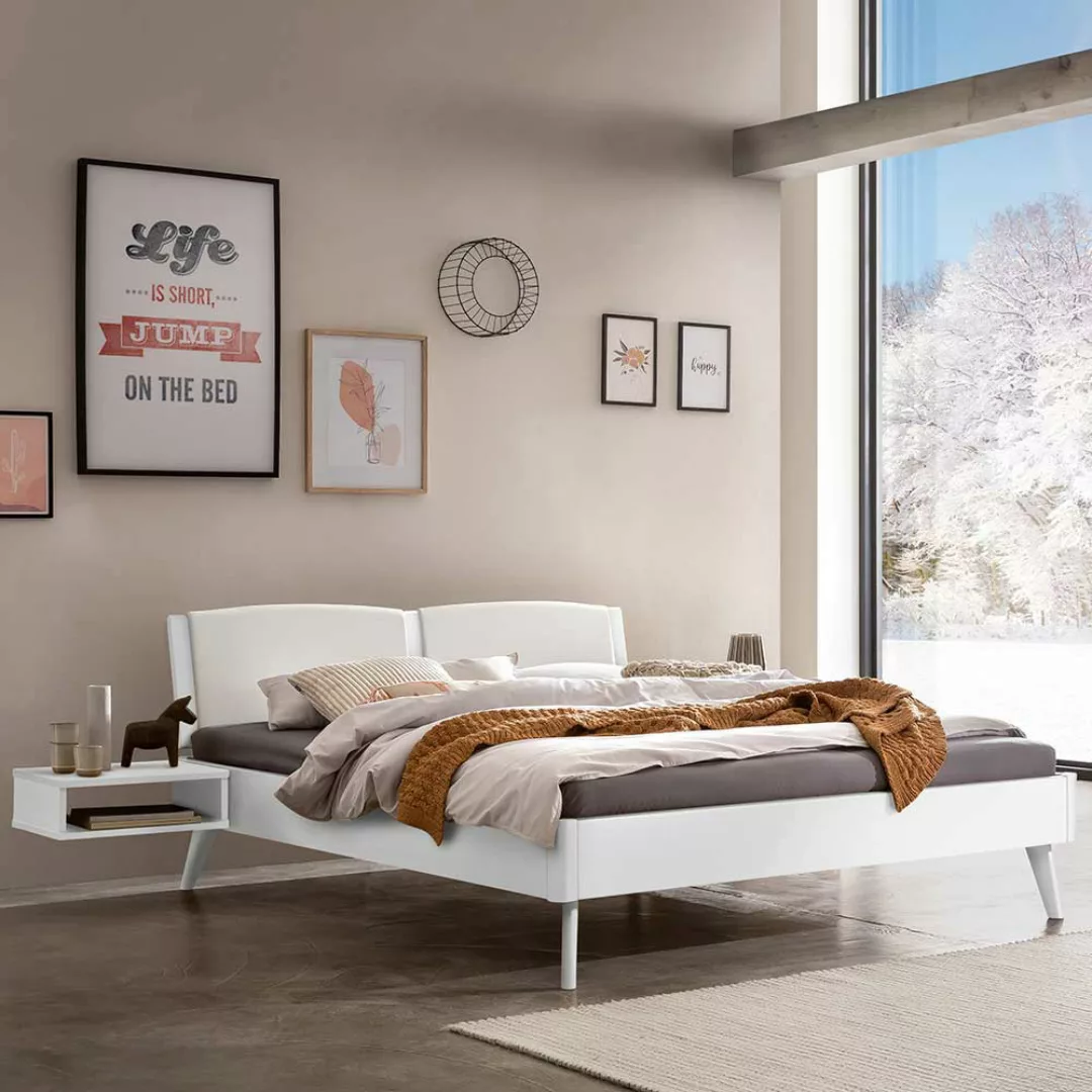 Weiß lackiertes Holzbett aus Buche Massivholz mit Polsterkopfteil günstig online kaufen