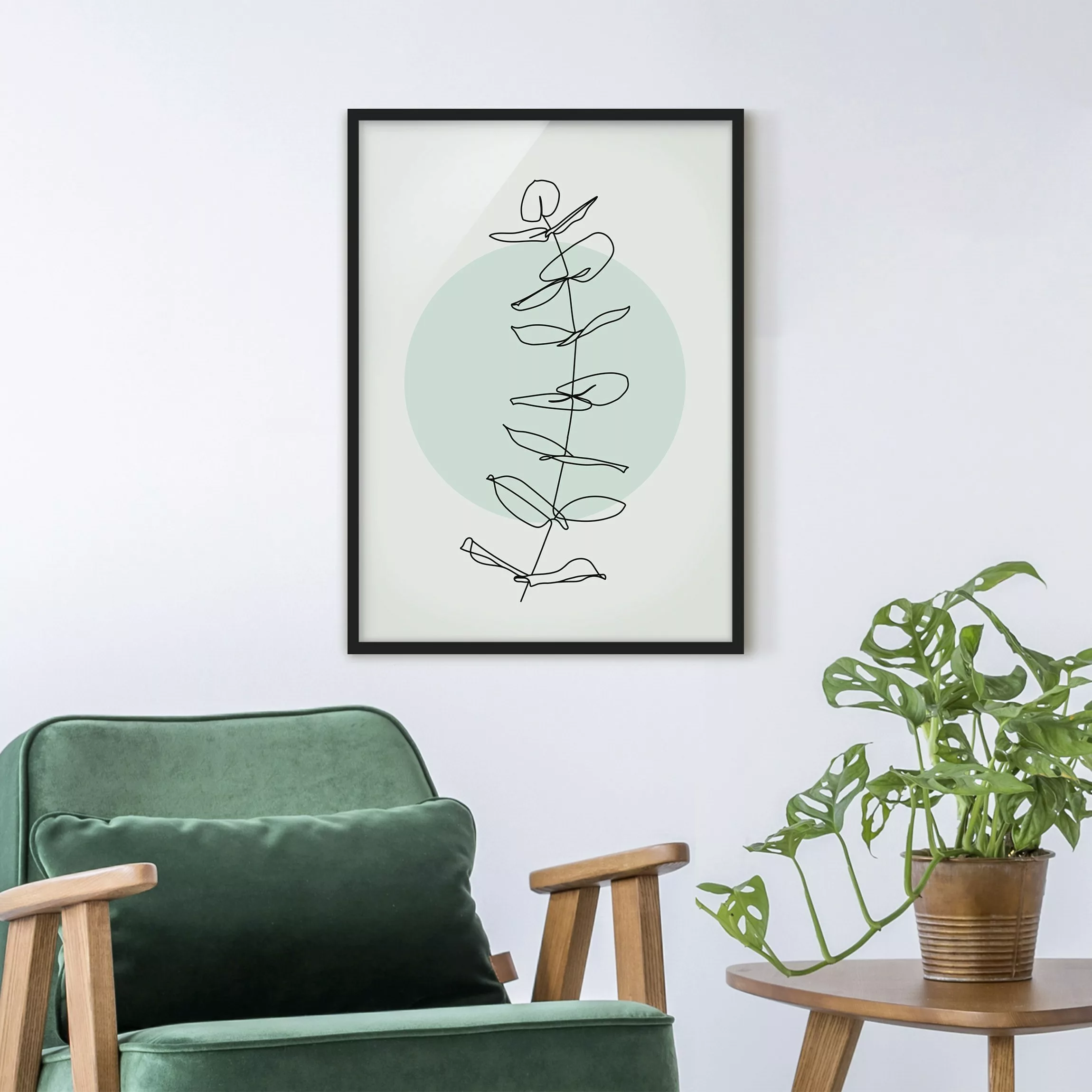Bild mit Rahmen Blumen - Hochformat Zweig Geometrie Kreis Line Art günstig online kaufen
