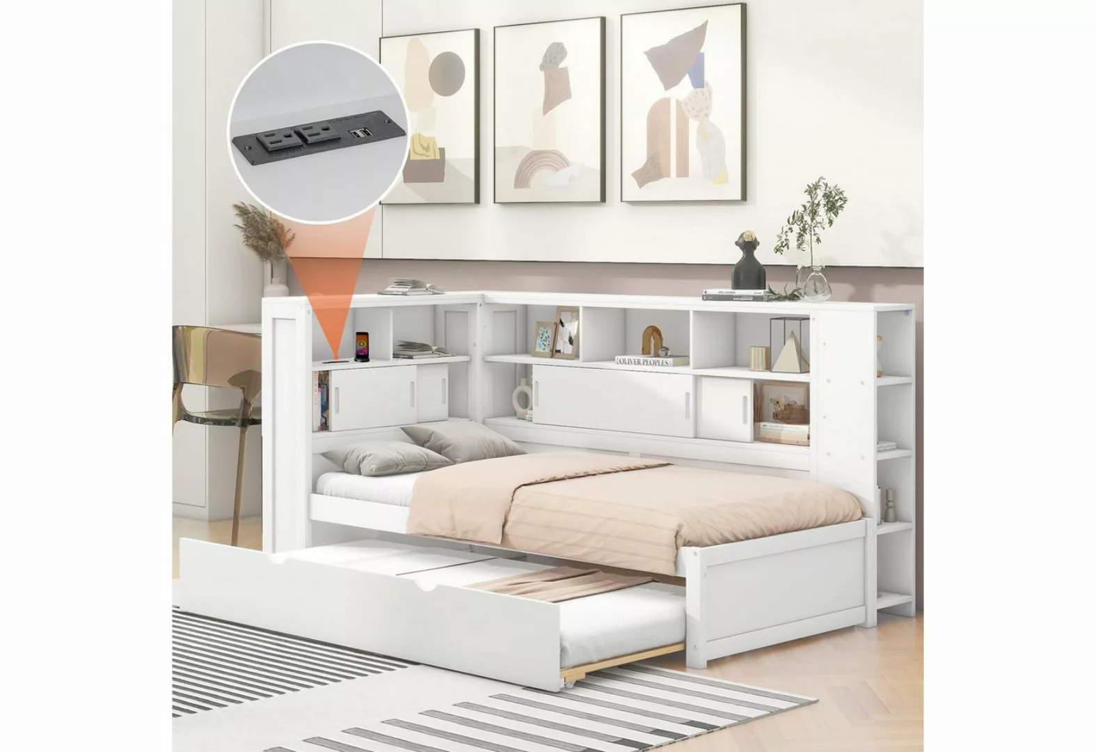 OKWISH Stauraumbett Kinderbett mit Ausziehbett, mit Staufach mit USB (90x20 günstig online kaufen