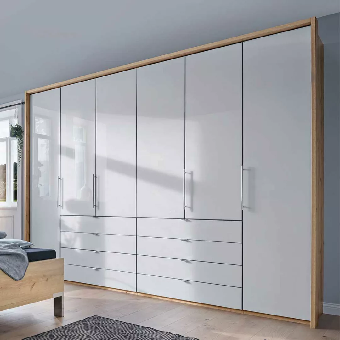 Panorama Schlafzimmerschrank in Weiß und Eiche Bianco glasbeschichtet günstig online kaufen