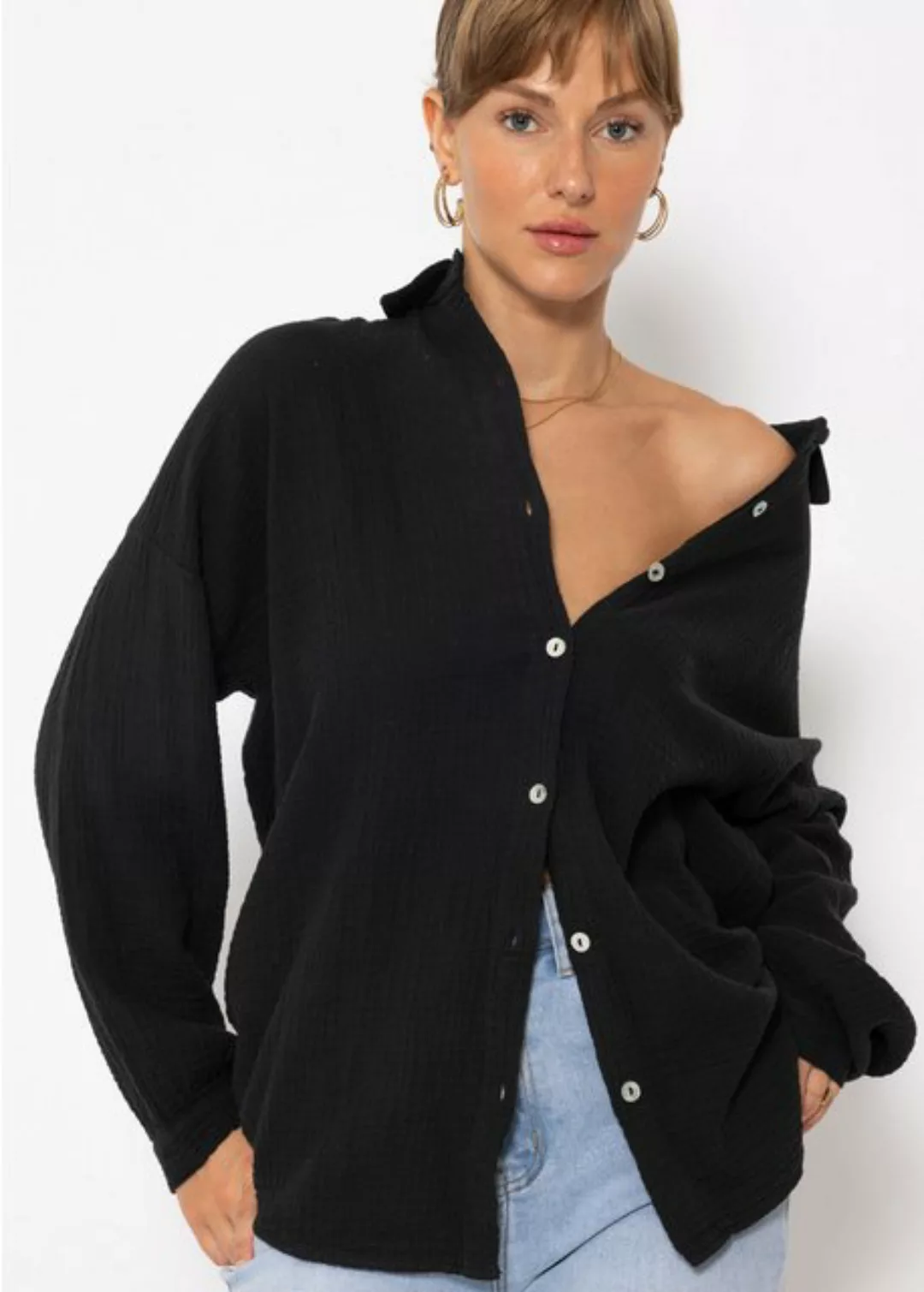 SASSYCLASSY Langarmbluse Oversize Musselin Bluse Damen kurz Langarm Elegant günstig online kaufen