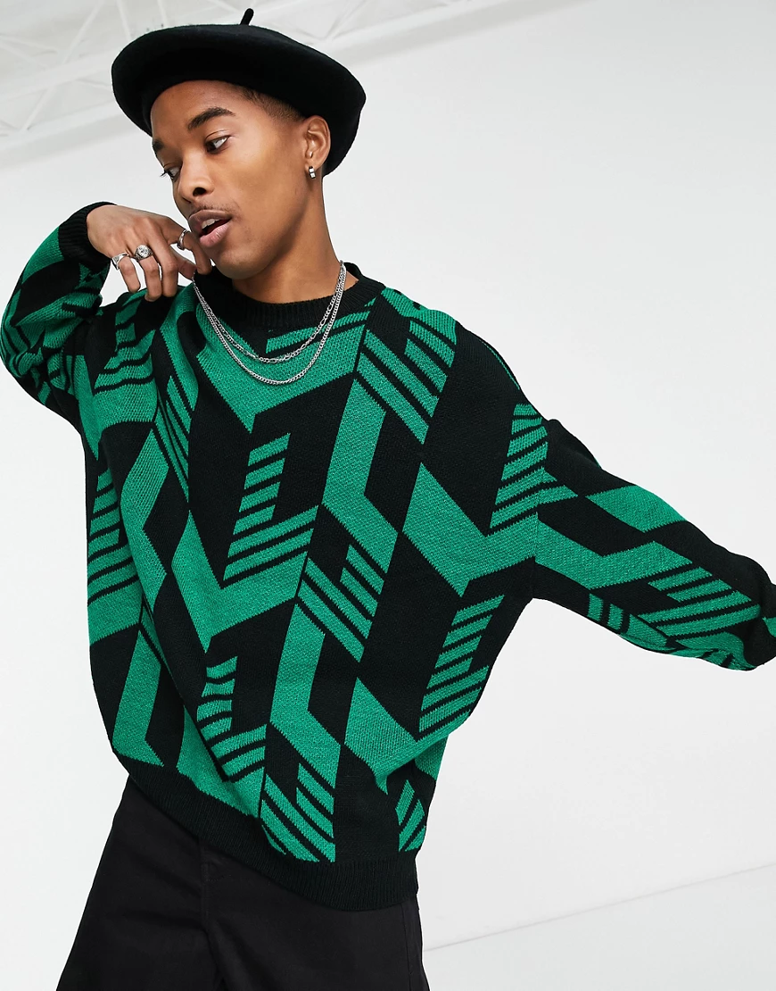 ASOS DESIGN – Oversize-Pullover mit geometrischem Design-Grün günstig online kaufen