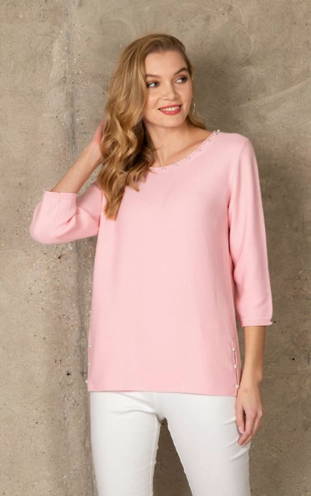 Passioni 3/4 Arm-Pullover in Rosa mit weißen Perlen mit Rundhalsausschnitt günstig online kaufen