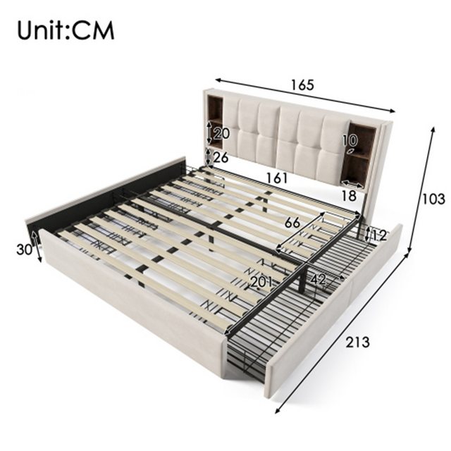 XDeer Polsterbett Doppelbett mit Kabellosem Laden USB C& 4 Schubladen, Pols günstig online kaufen