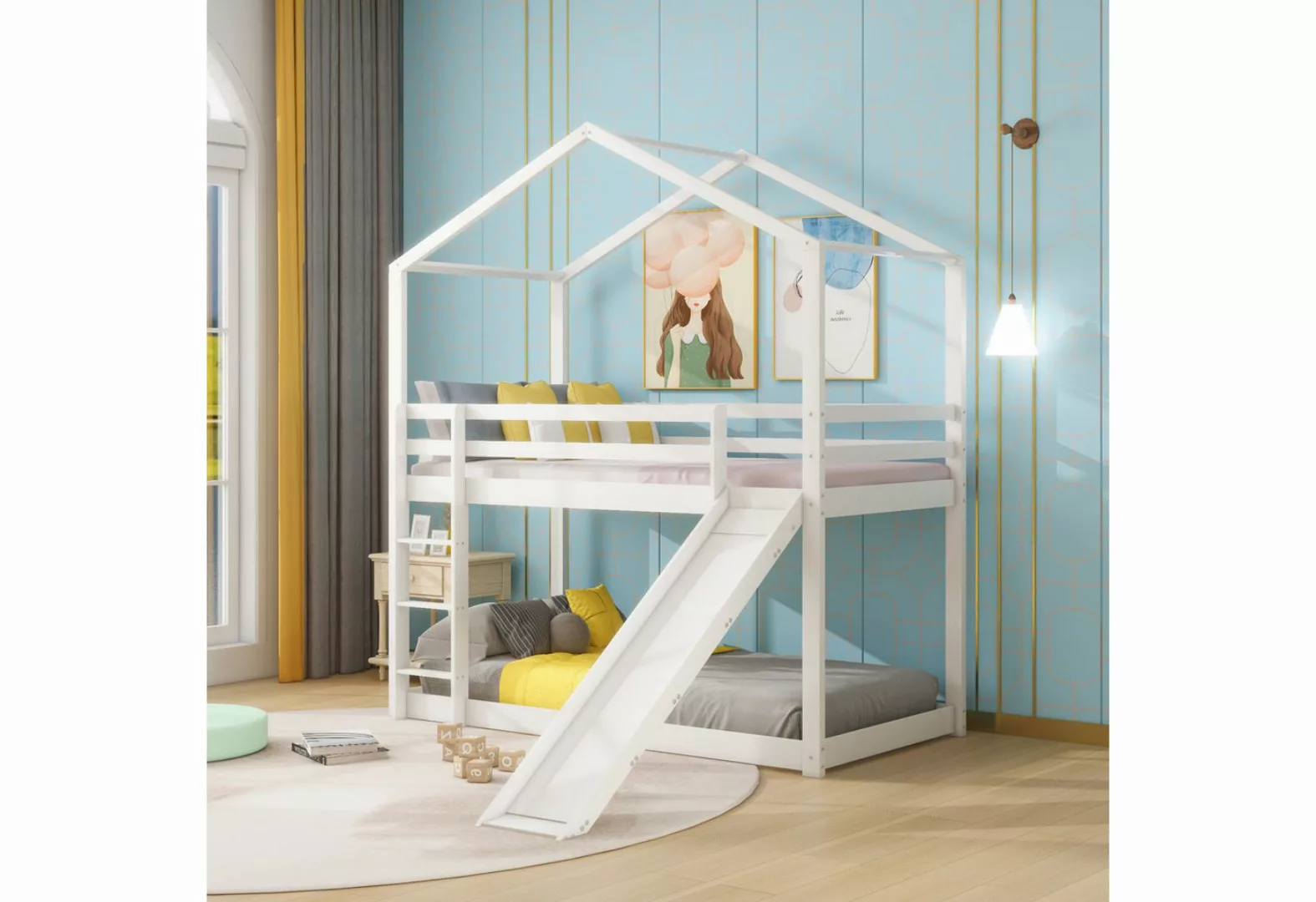 Gotagee Kinderbett Etagenbett Holz Kinderbett 90x200cm mit Rutsche Hausbett günstig online kaufen