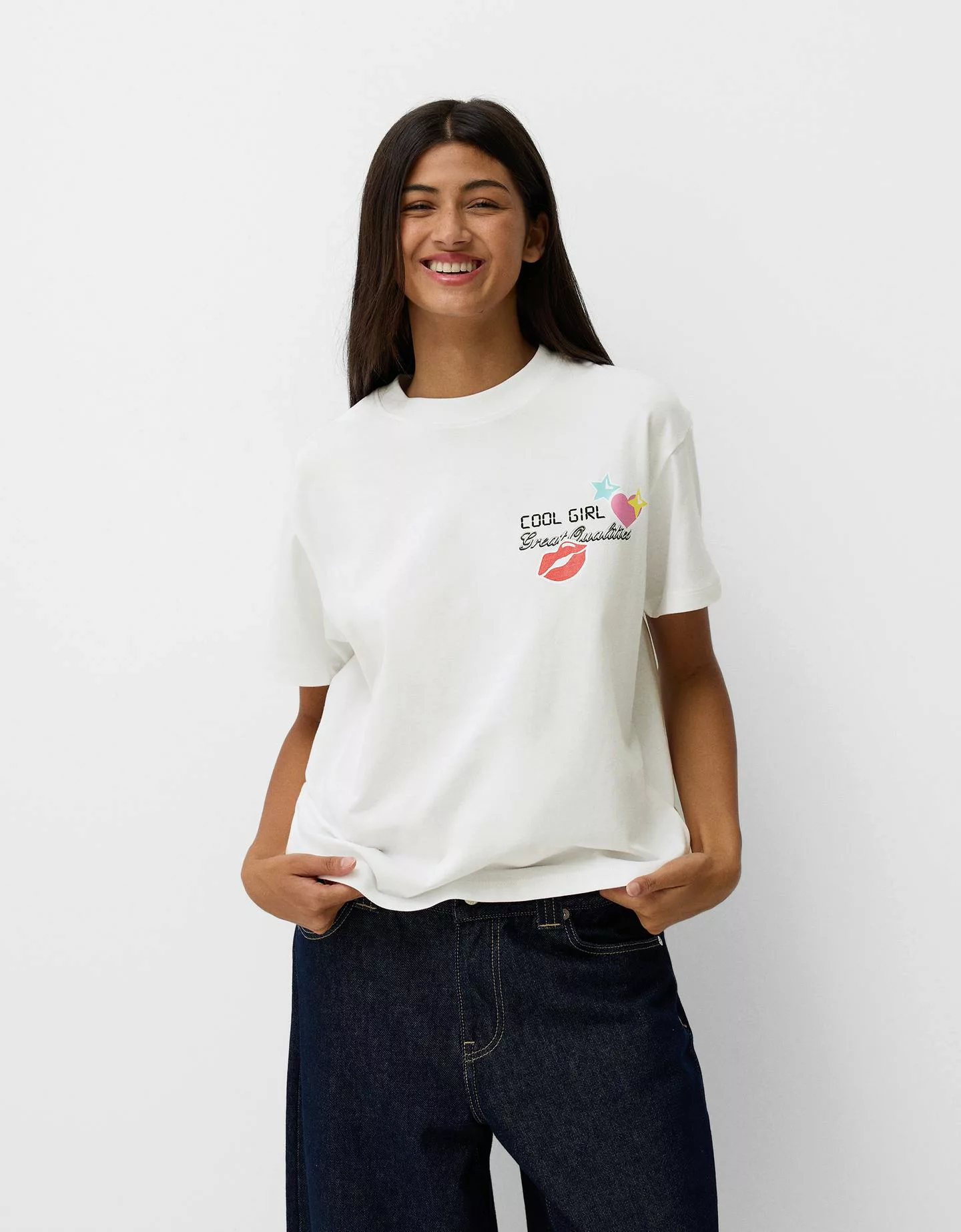 Bershka T-Shirt Mit Print Damen Xs Rohweiß günstig online kaufen